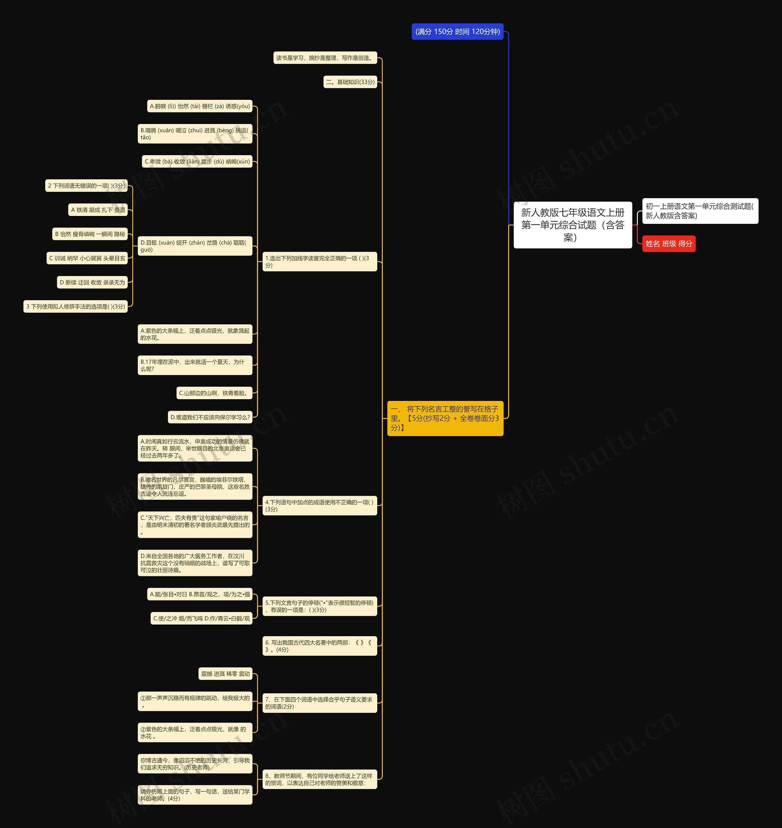 新人教版七年级语文上册第一单元综合试题（含答案）思维导图
