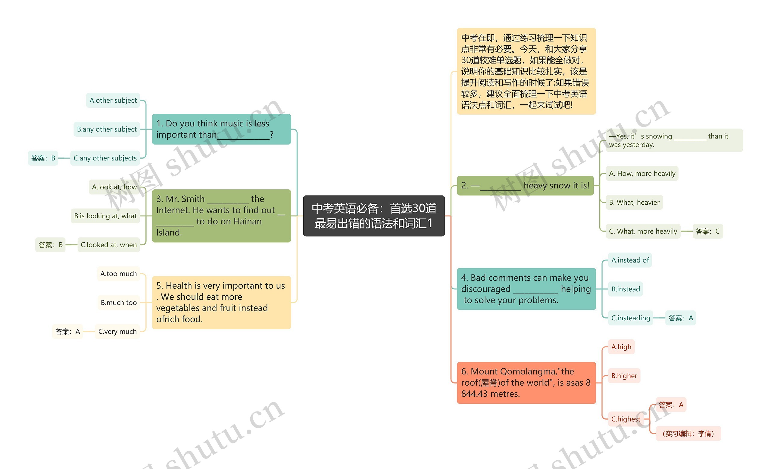 中考英语必备：首选30道最易出错的语法和词汇1思维导图