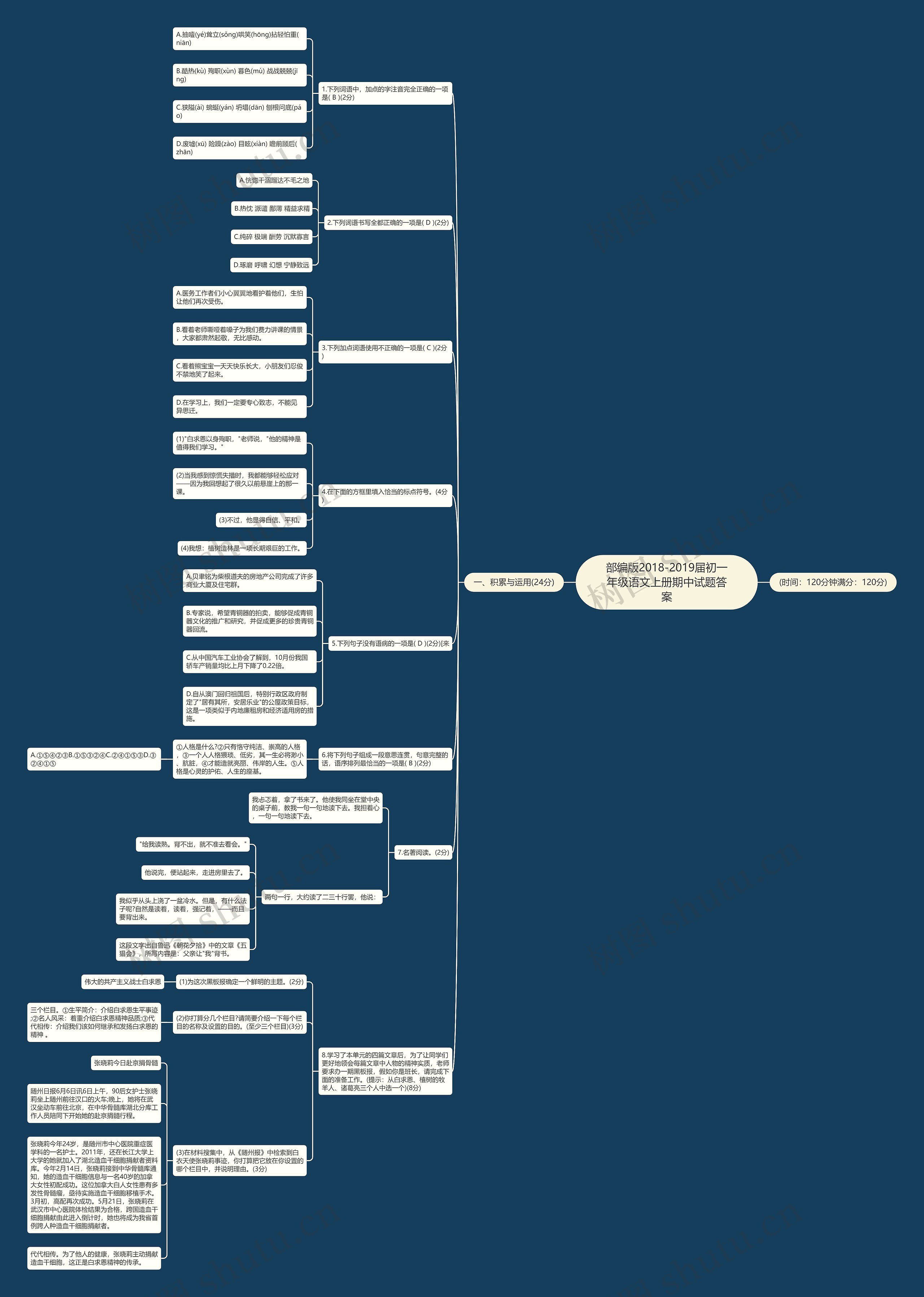 部编版2018-2019届初一年级语文上册期中试题答案思维导图