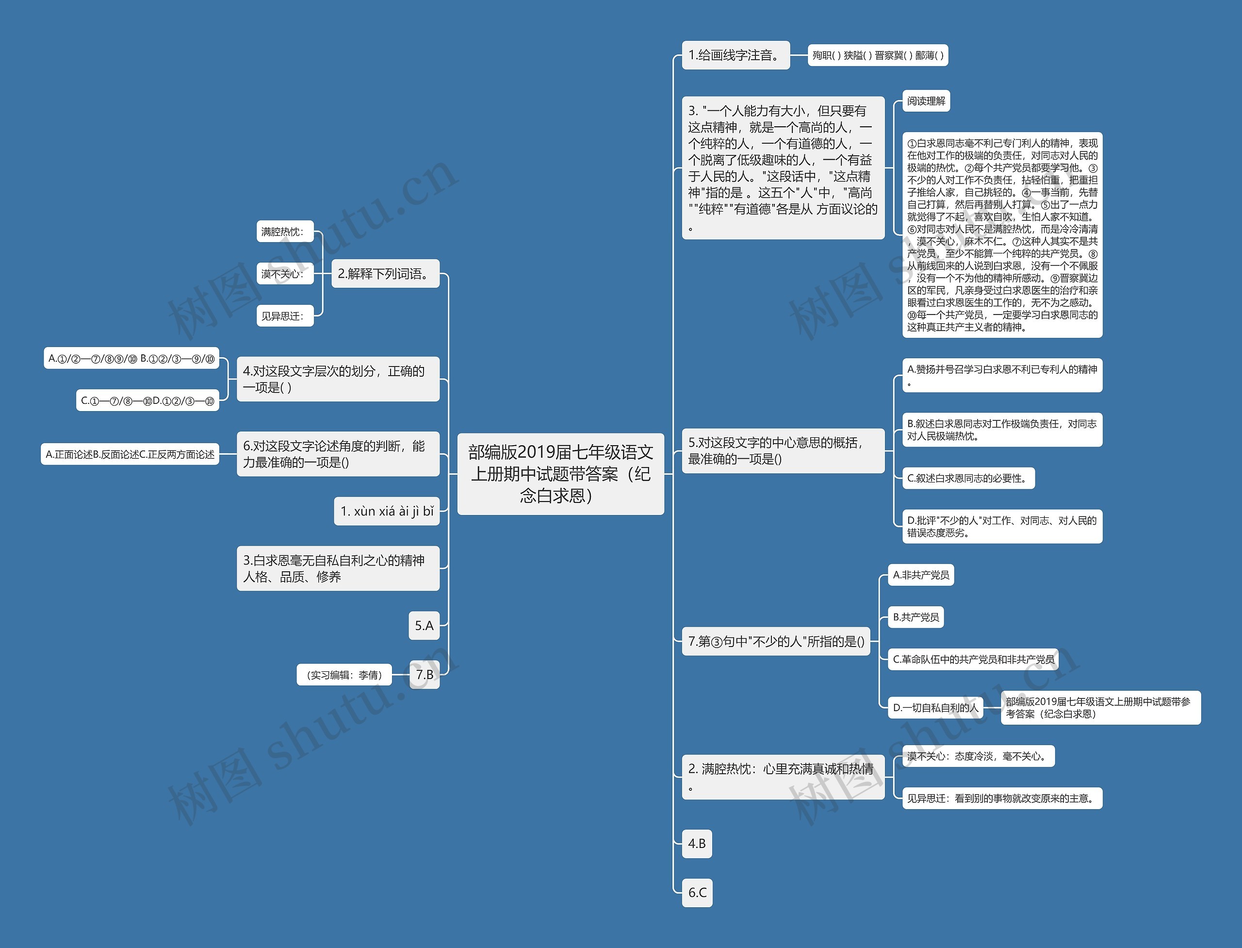 部编版2019届七年级语文上册期中试题带答案（纪念白求恩）思维导图