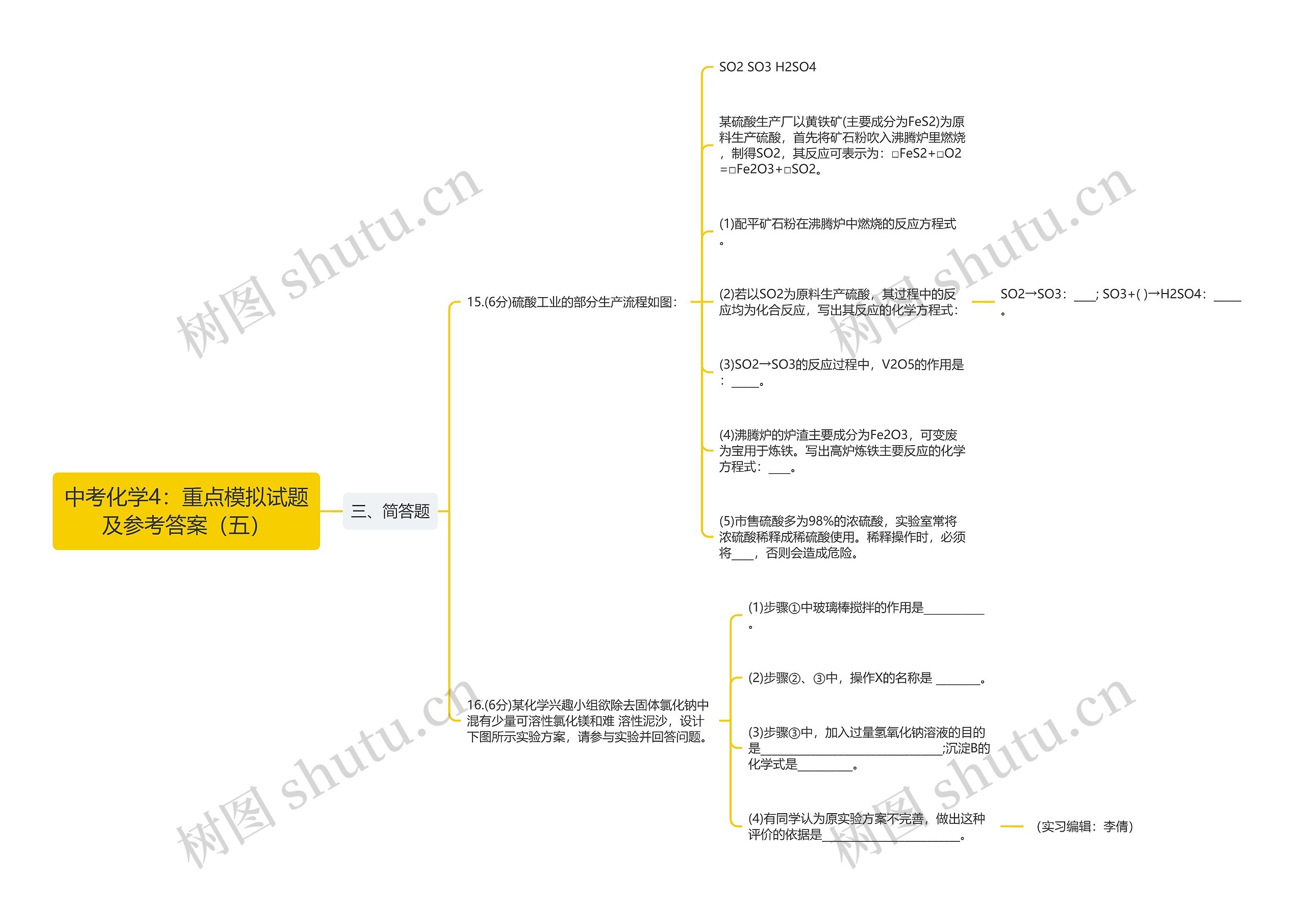 中考化学4：重点模拟试题及参考答案（五）思维导图