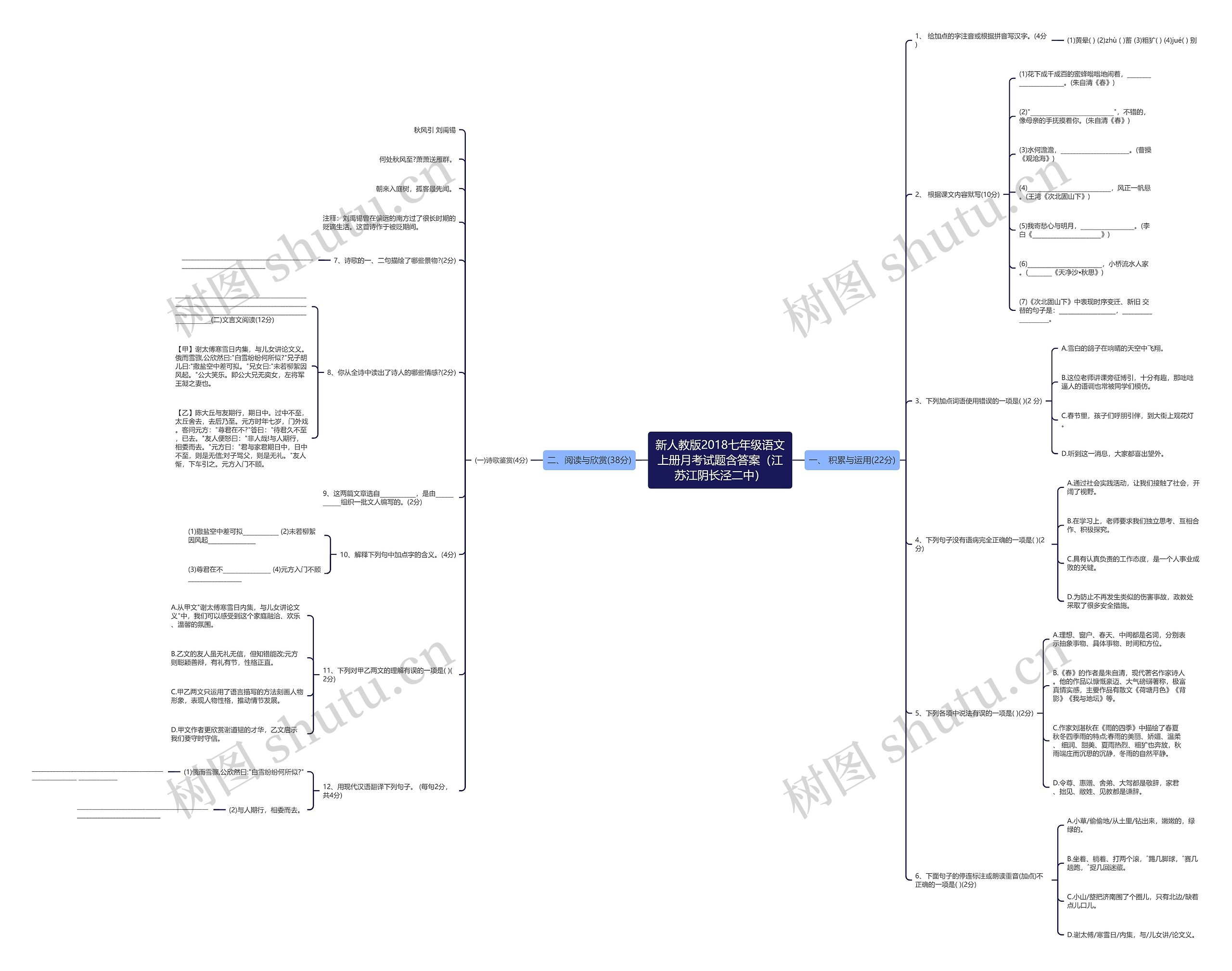 新人教版2018七年级语文上册月考试题含答案（江苏江阴长泾二中）思维导图