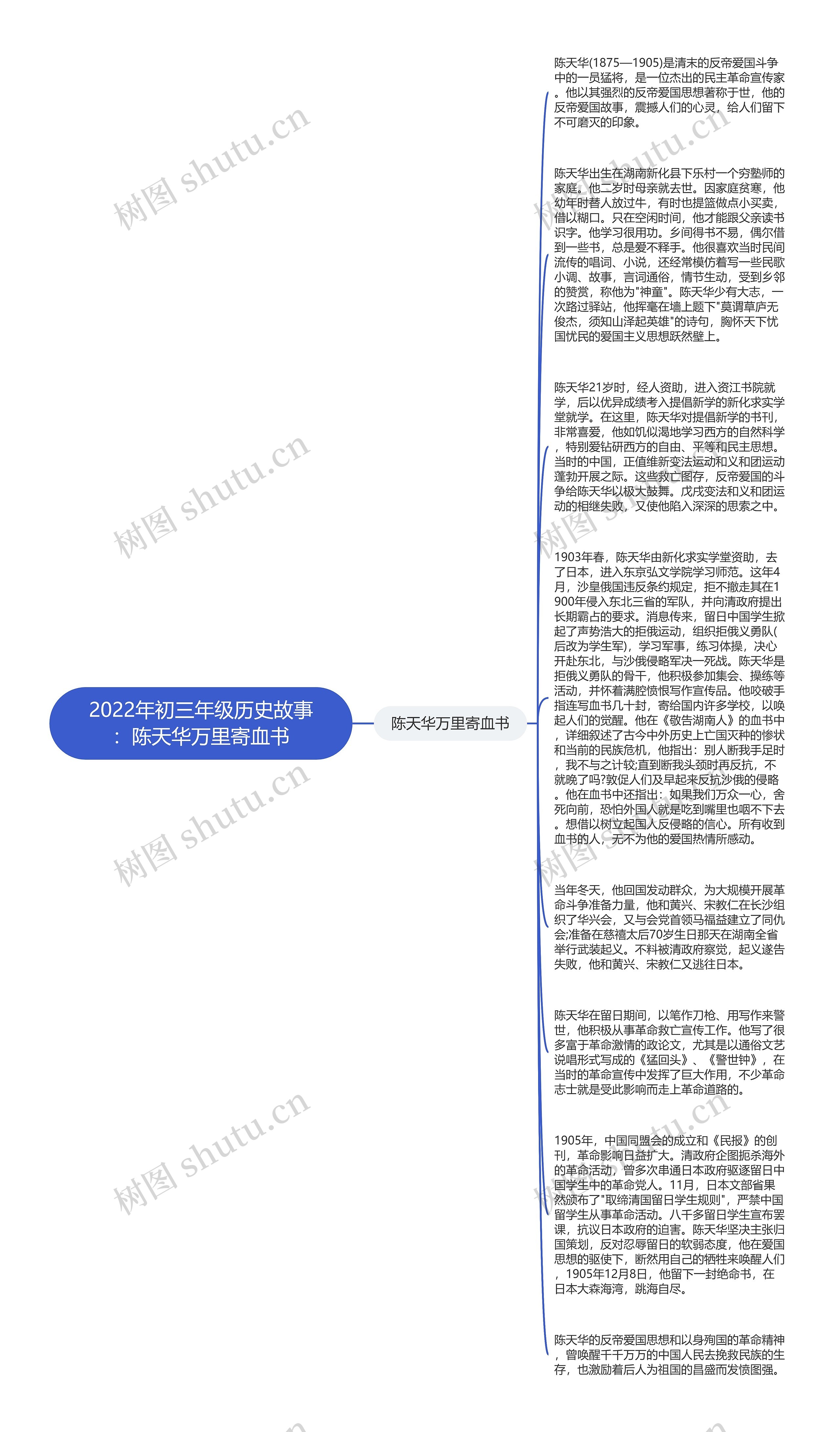 2022年初三年级历史故事：陈天华万里寄血书思维导图