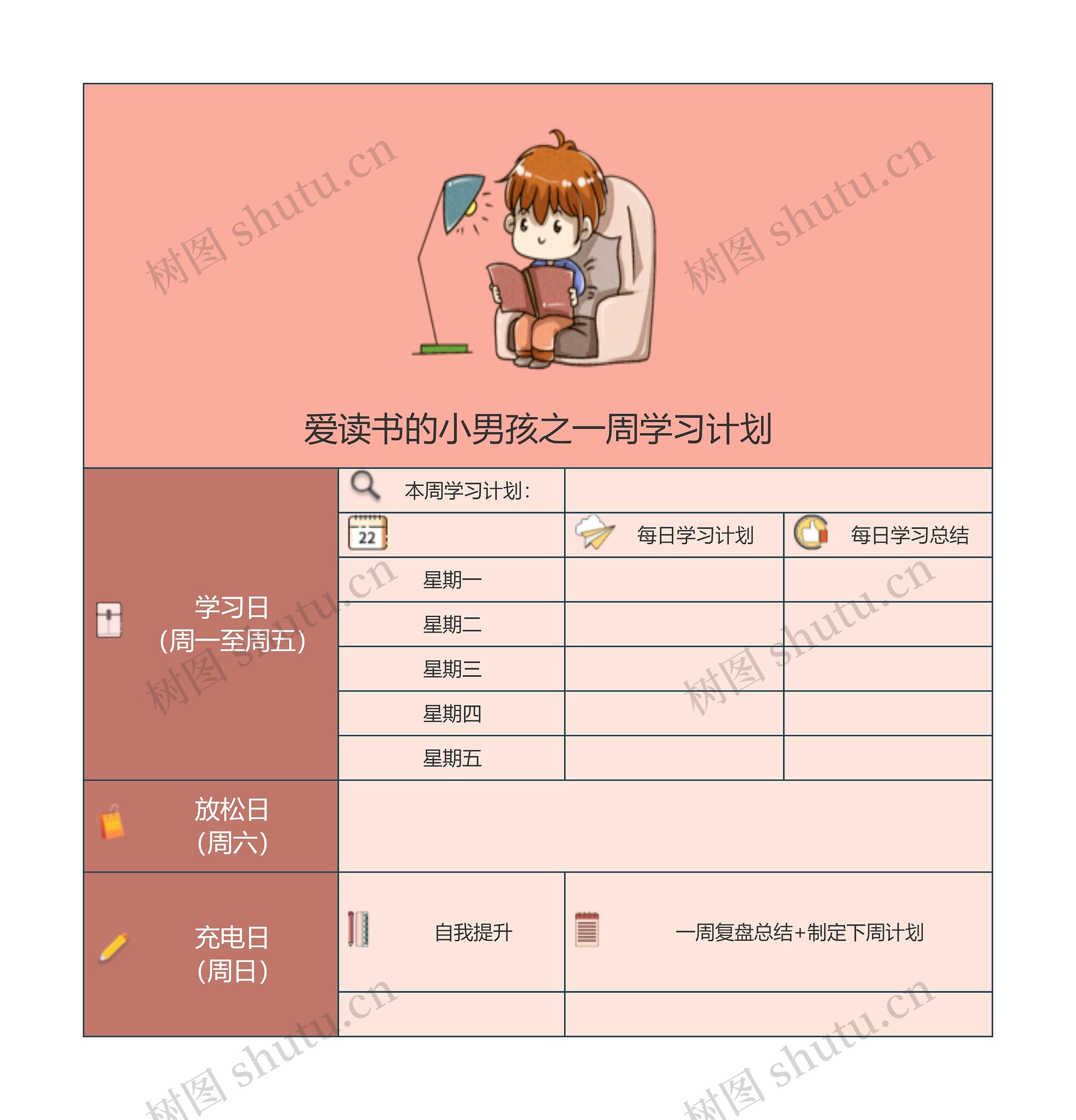 爱读书的小男孩之一周学习计划思维导图高清图 爱读书的小男孩之一周学习计划思维导图