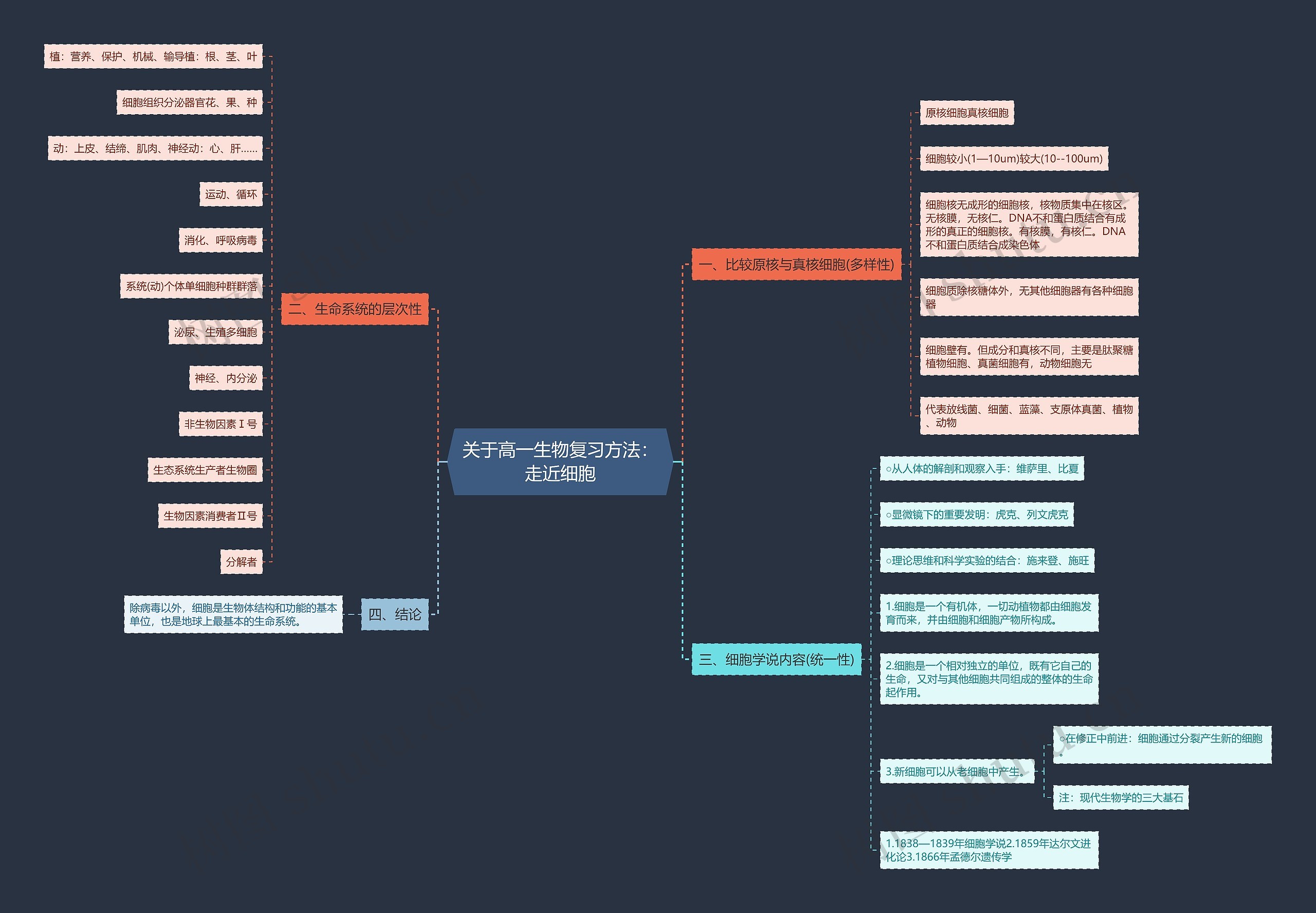 关于高一生物复习方法：走近细胞思维导图