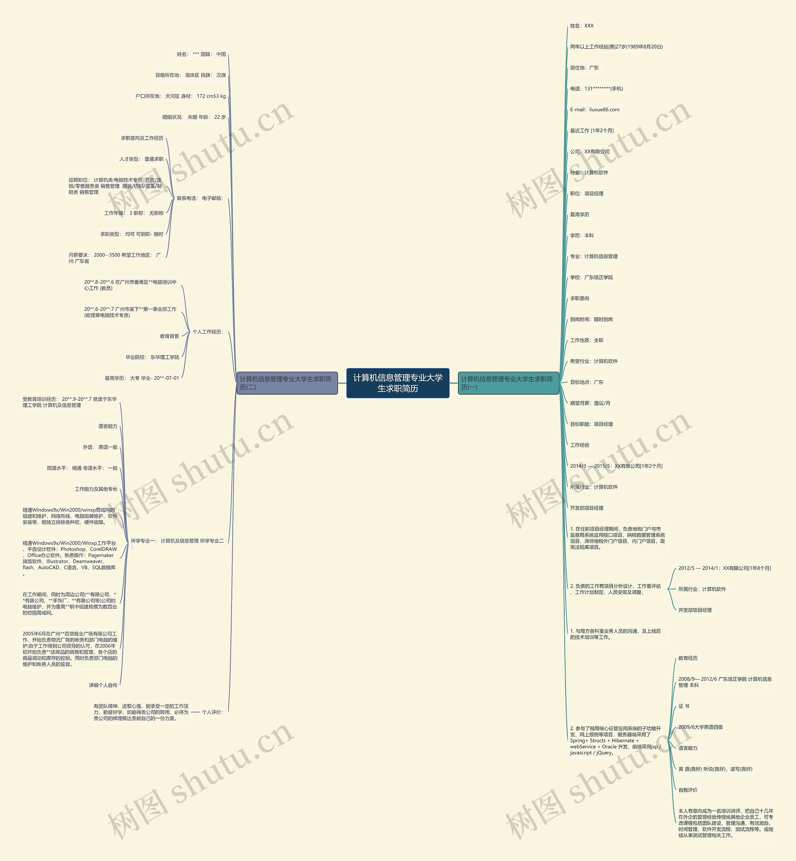 计算机信息管理专业大学生求职简历思维导图