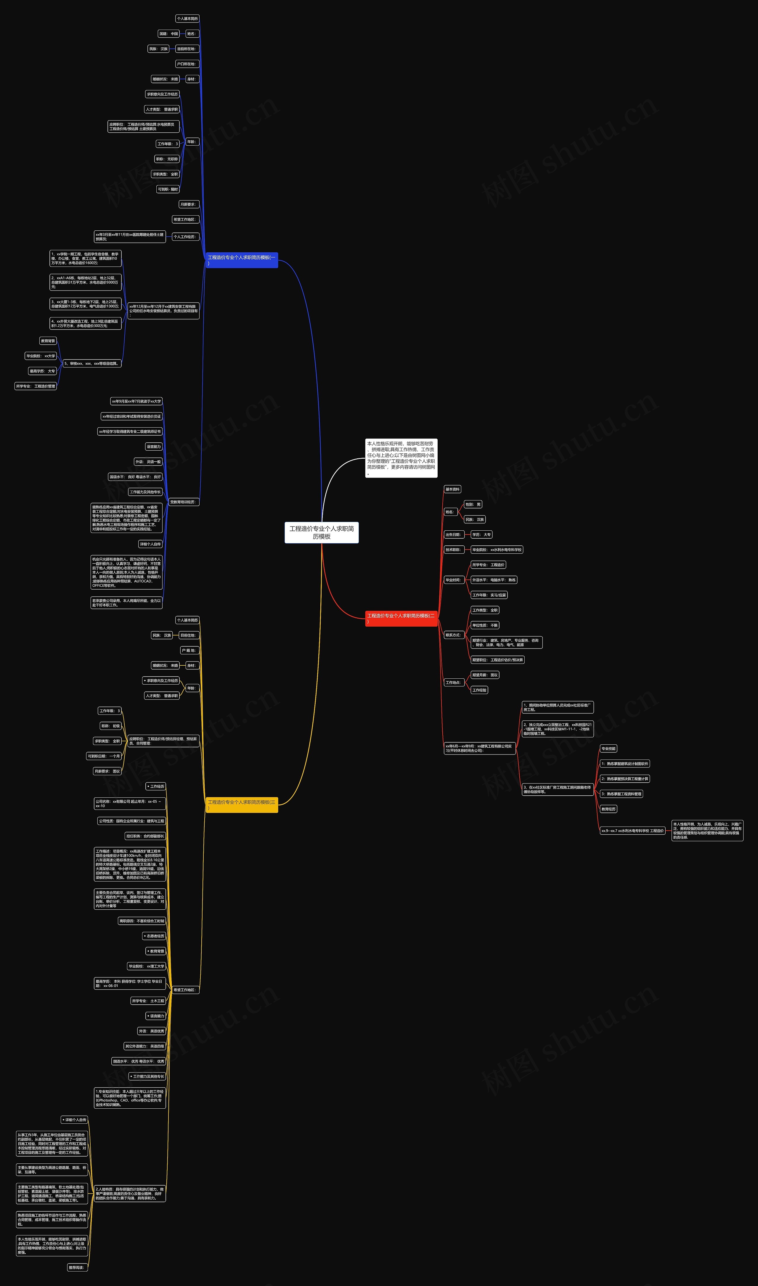工程造价专业个人求职简历思维导图