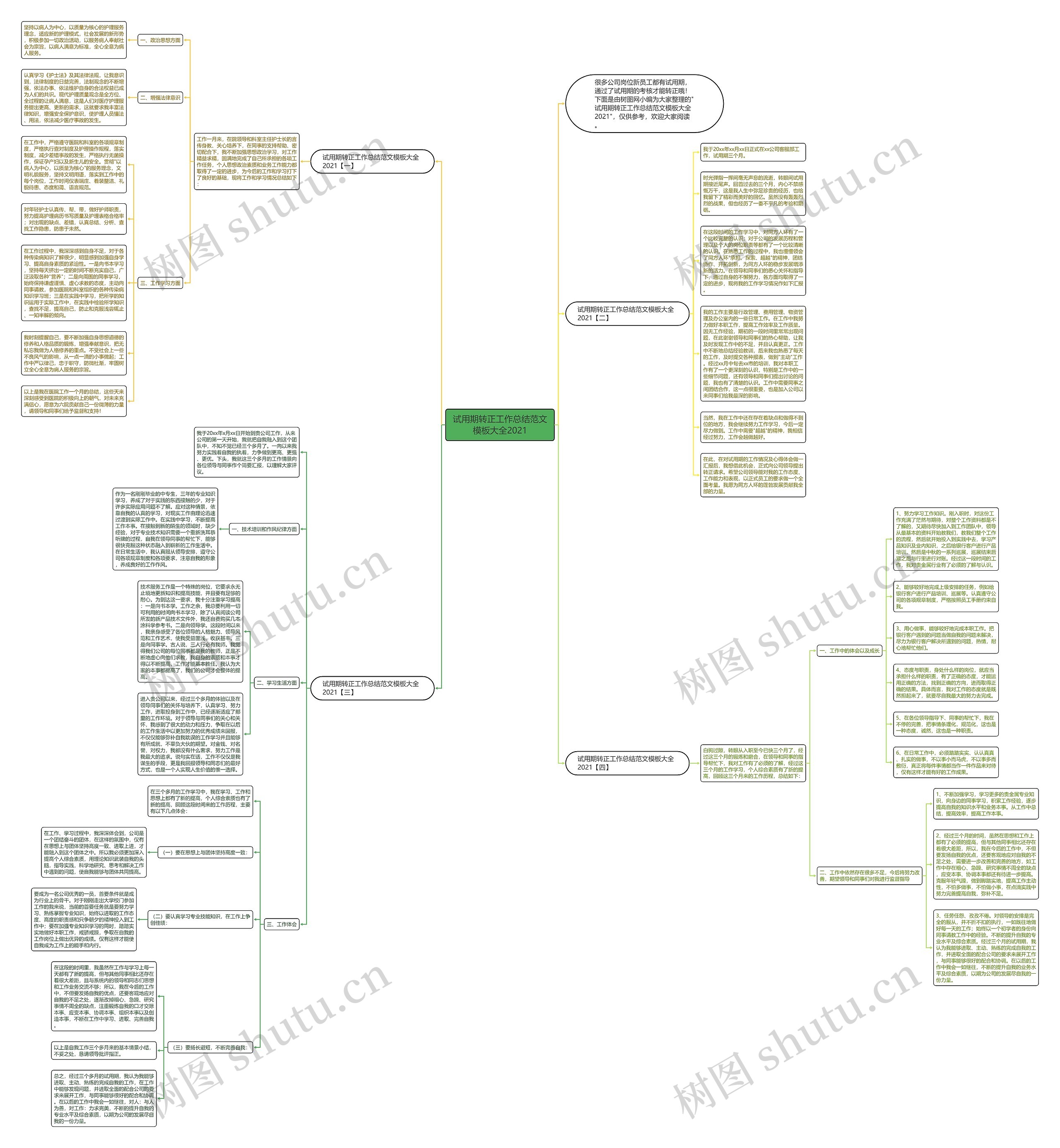 试用期转正工作总结范文大全2021思维导图