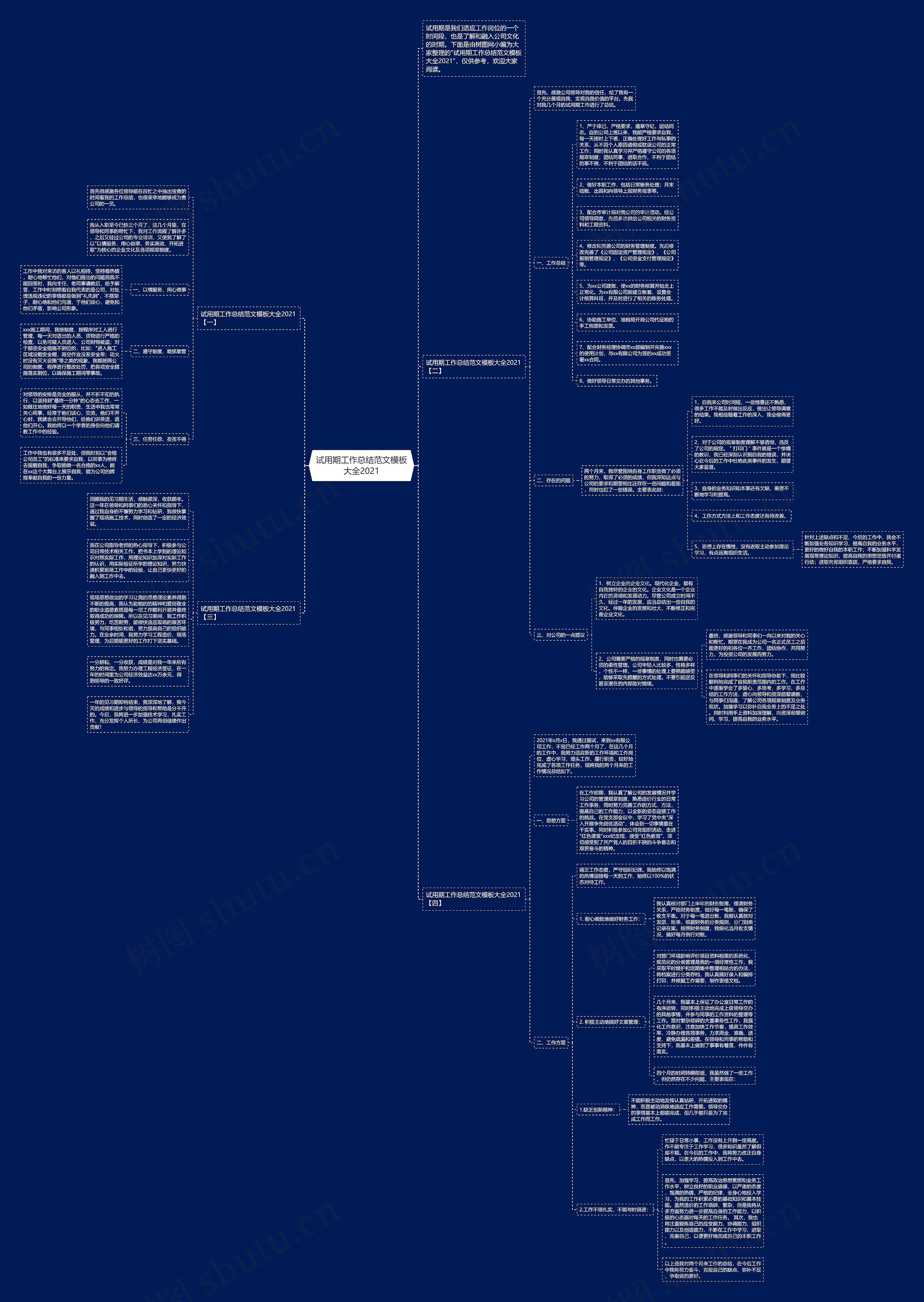 试用期工作总结范文大全2021思维导图