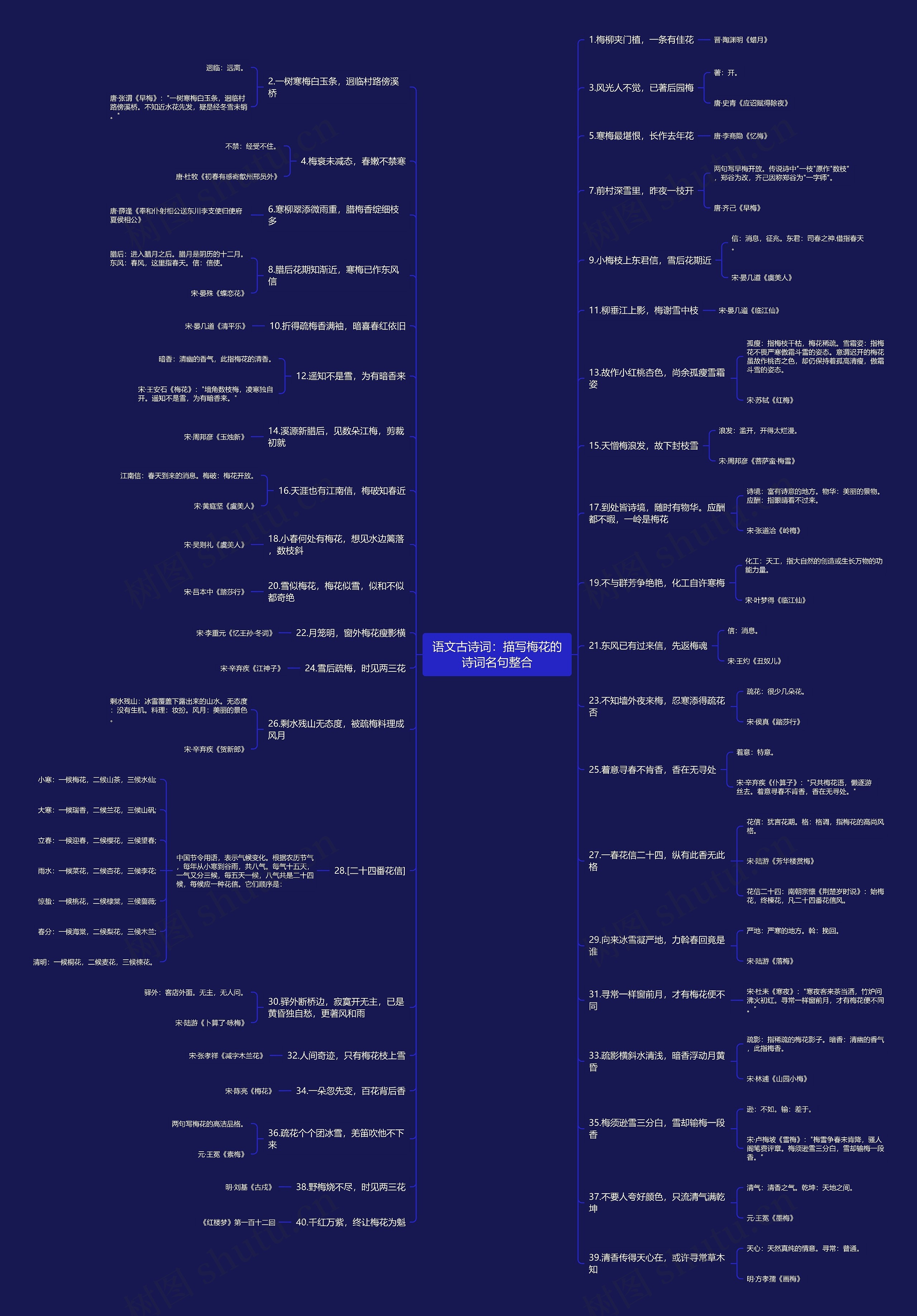 语文古诗词：描写梅花的诗词名句整合思维导图
