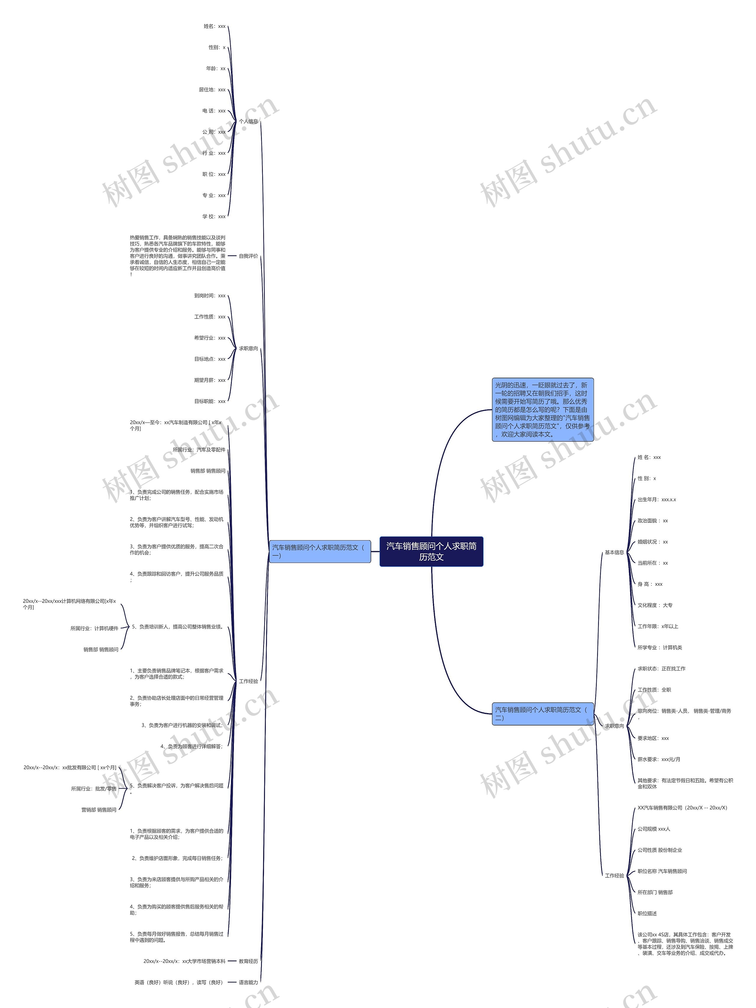 汽车销售顾问个人求职简历范文思维导图