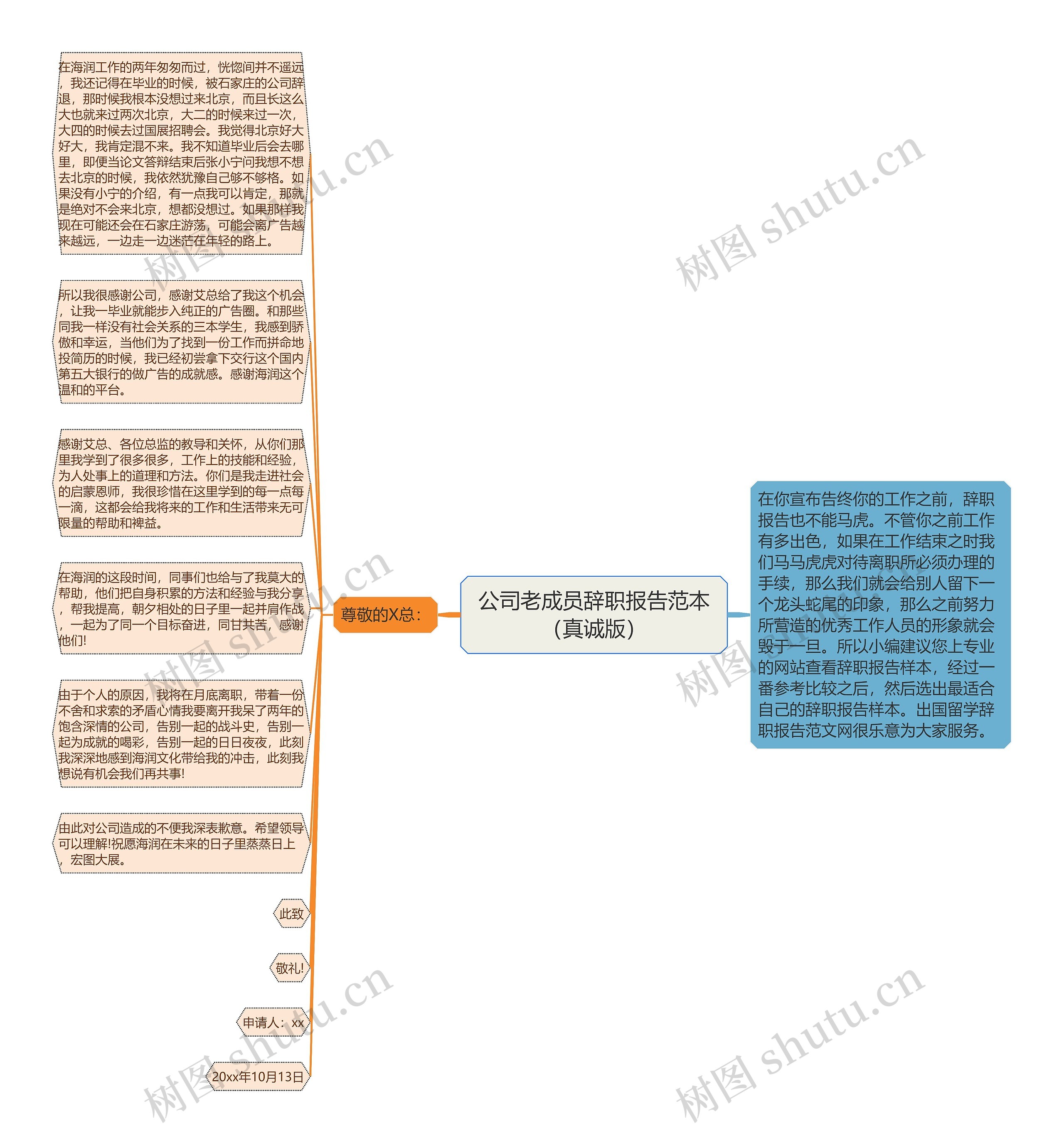 公司老成员辞职报告范本（真诚版）思维导图