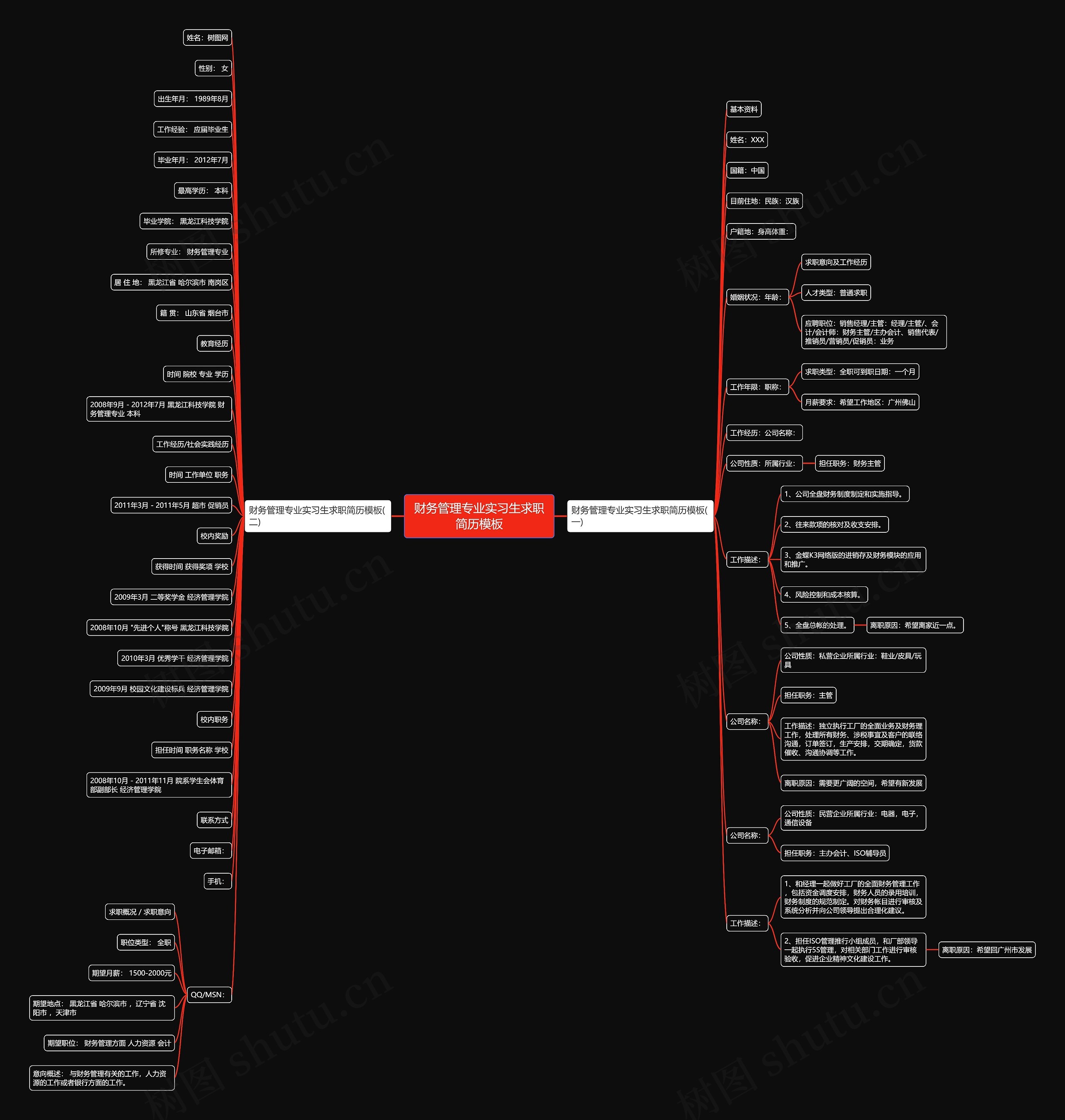 财务管理专业实习生求职简历思维导图