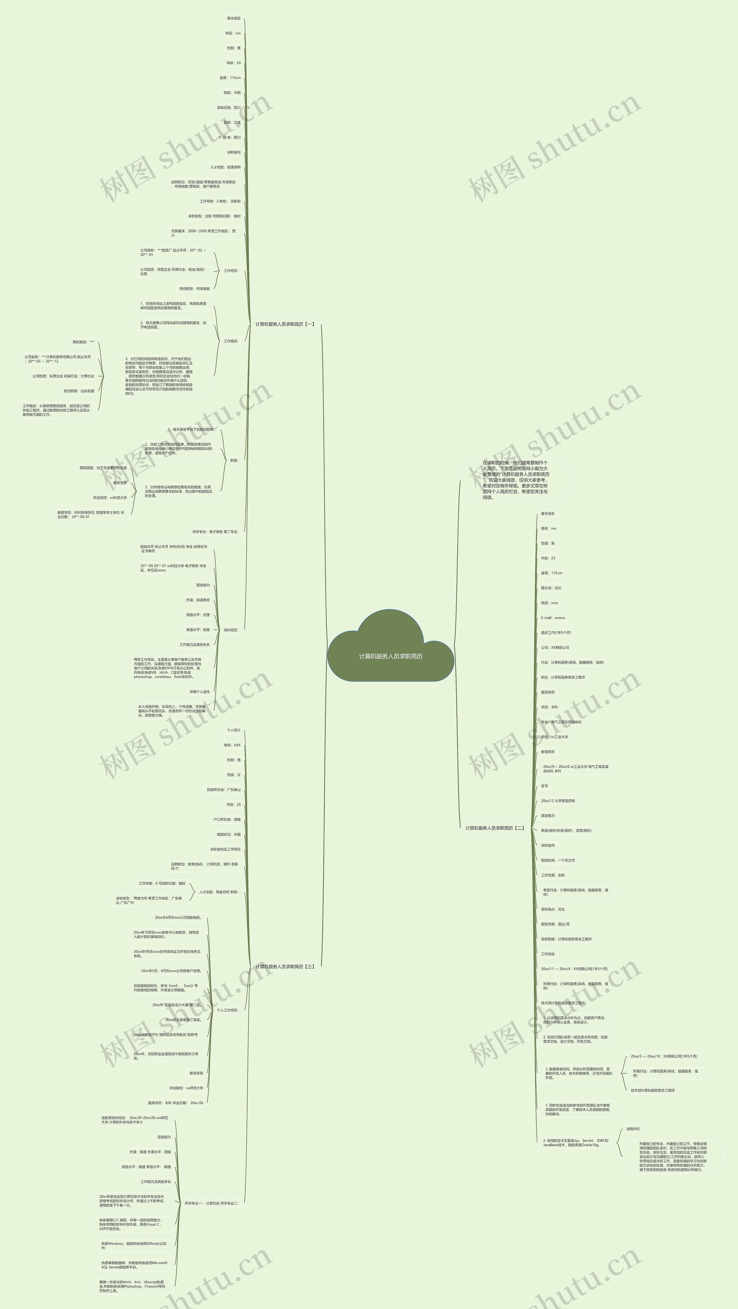 计算机服务人员求职简历思维导图