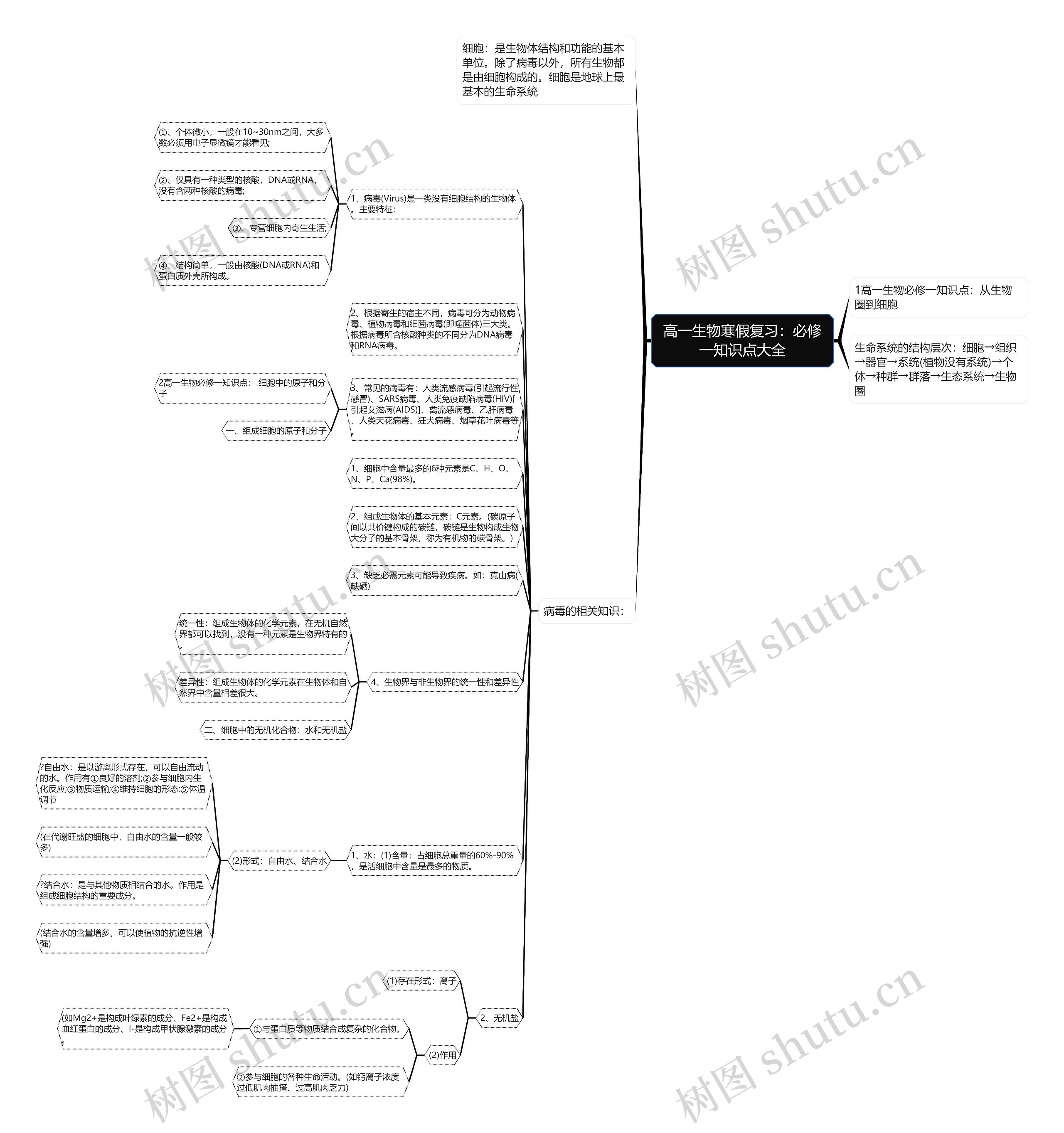 高一生物寒假复习：必修一知识点大全思维导图
