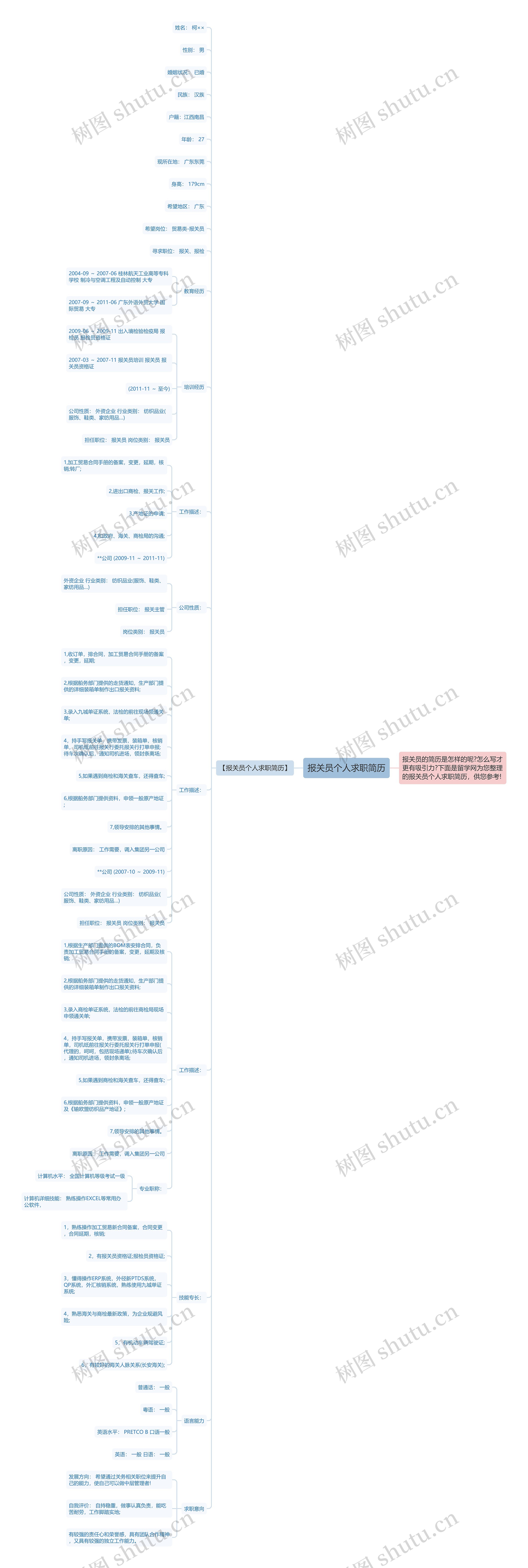 报关员个人求职简历思维导图