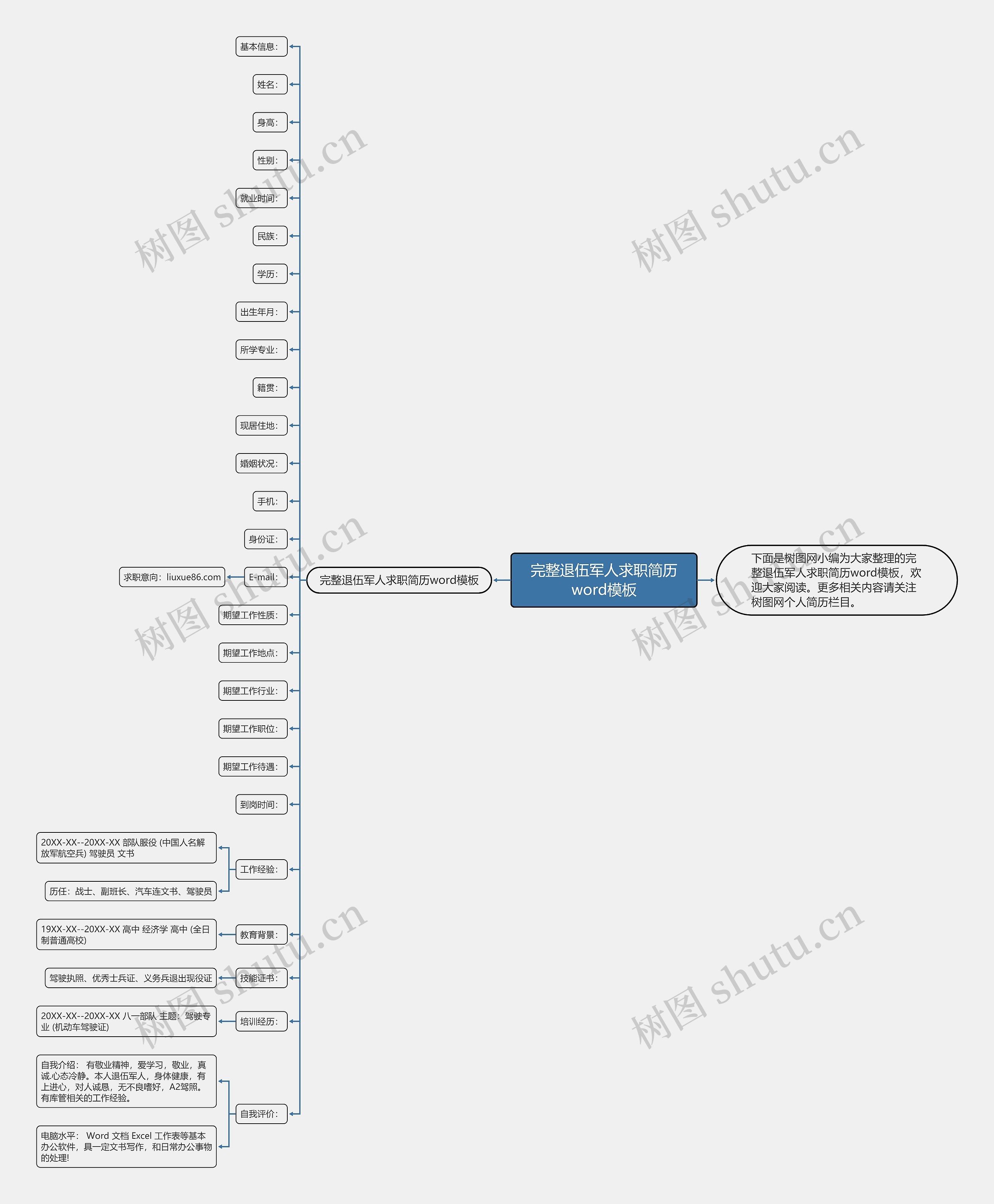 完整退伍军人求职简历word思维导图