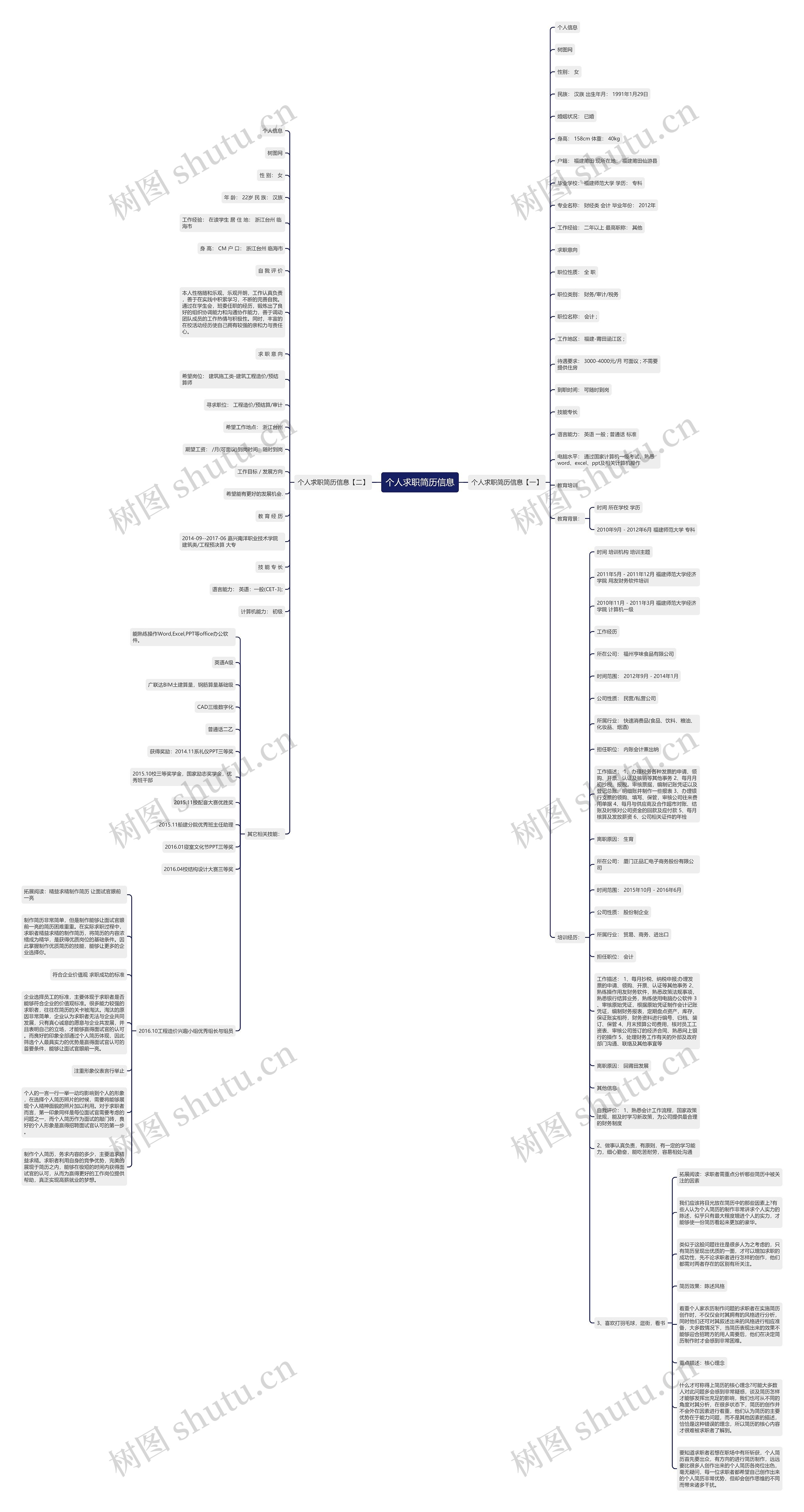 个人求职简历信息思维导图