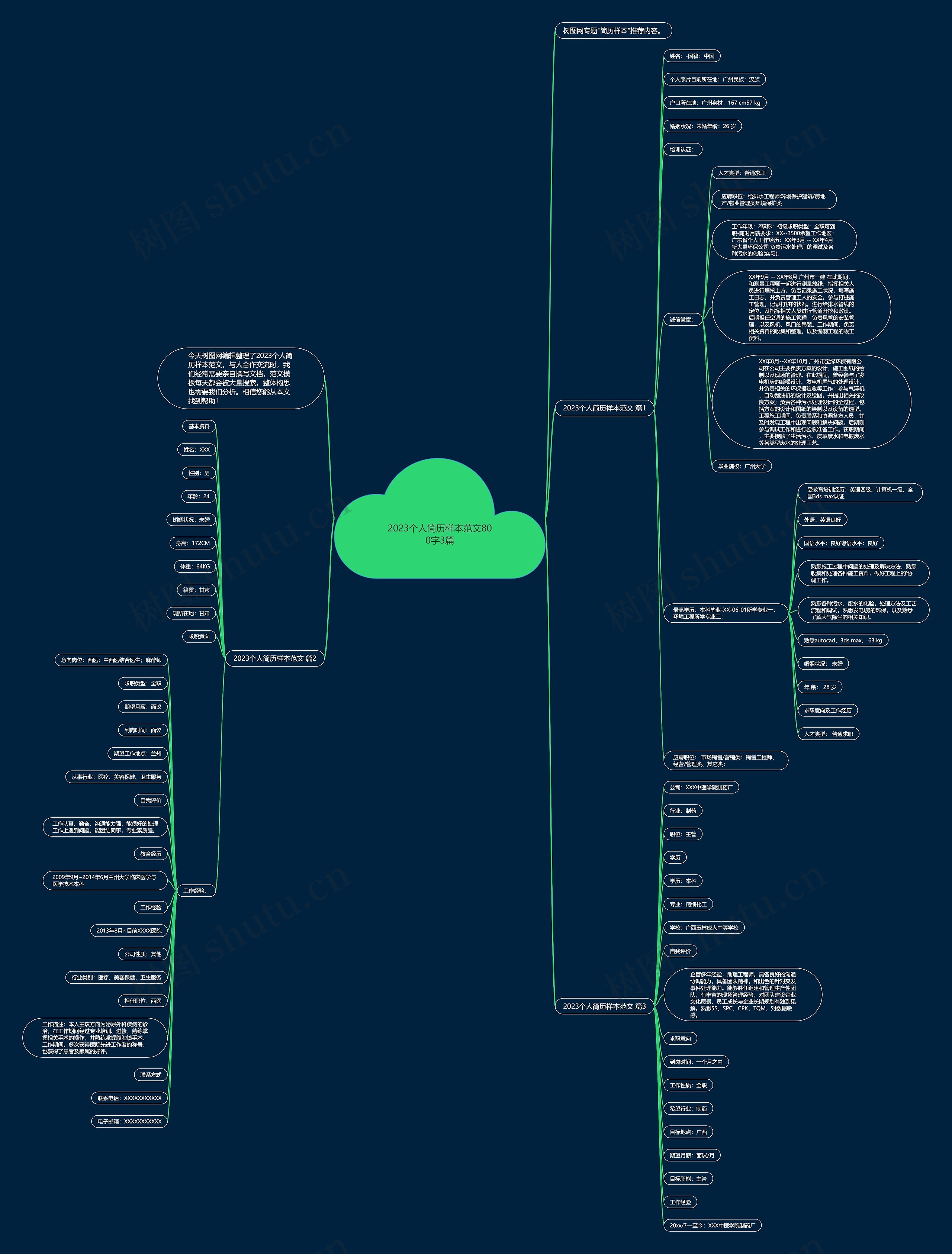 2023个人简历样本范文800字3篇思维导图