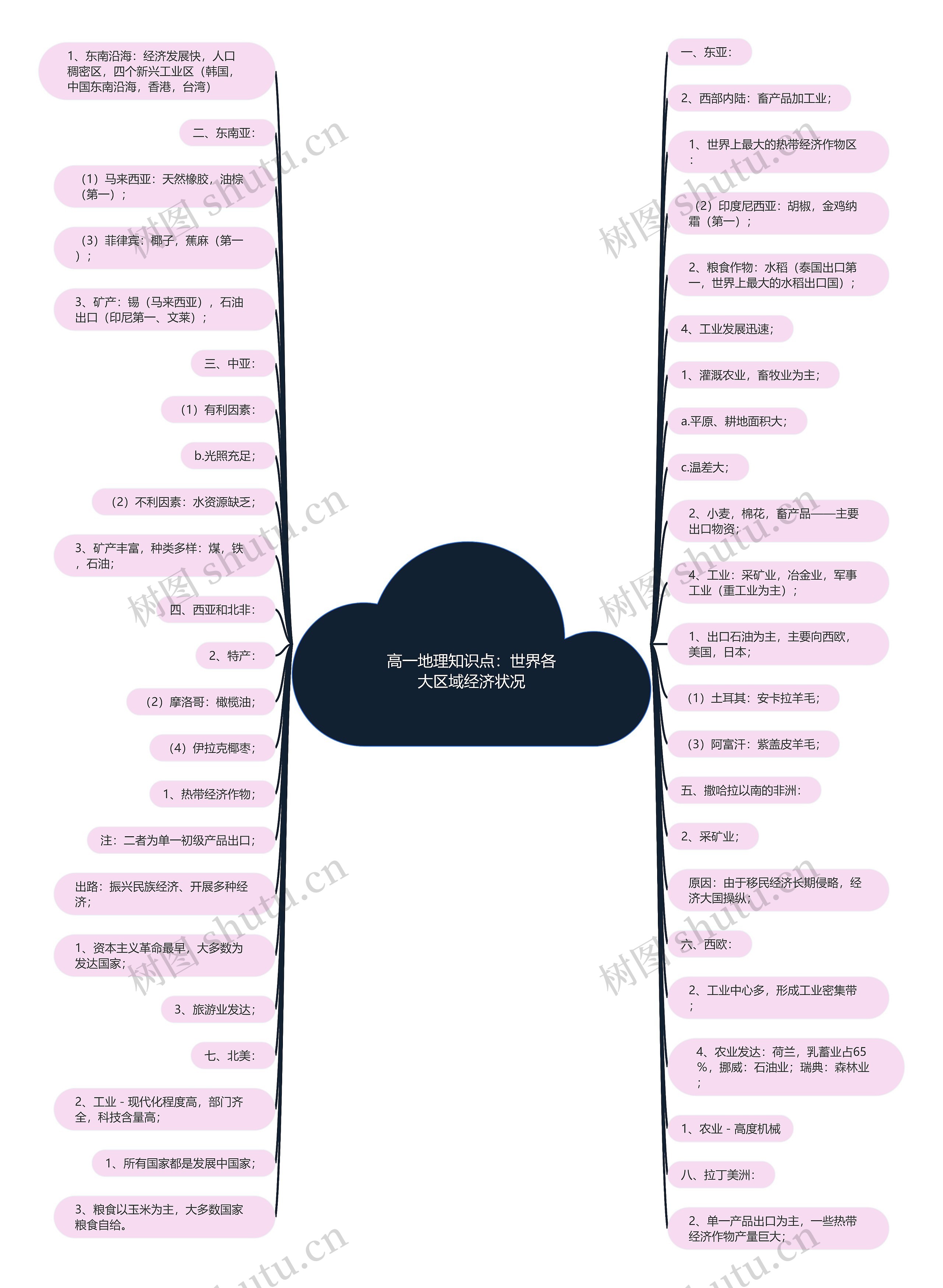 高一地理知识点：世界各大区域经济状况思维导图