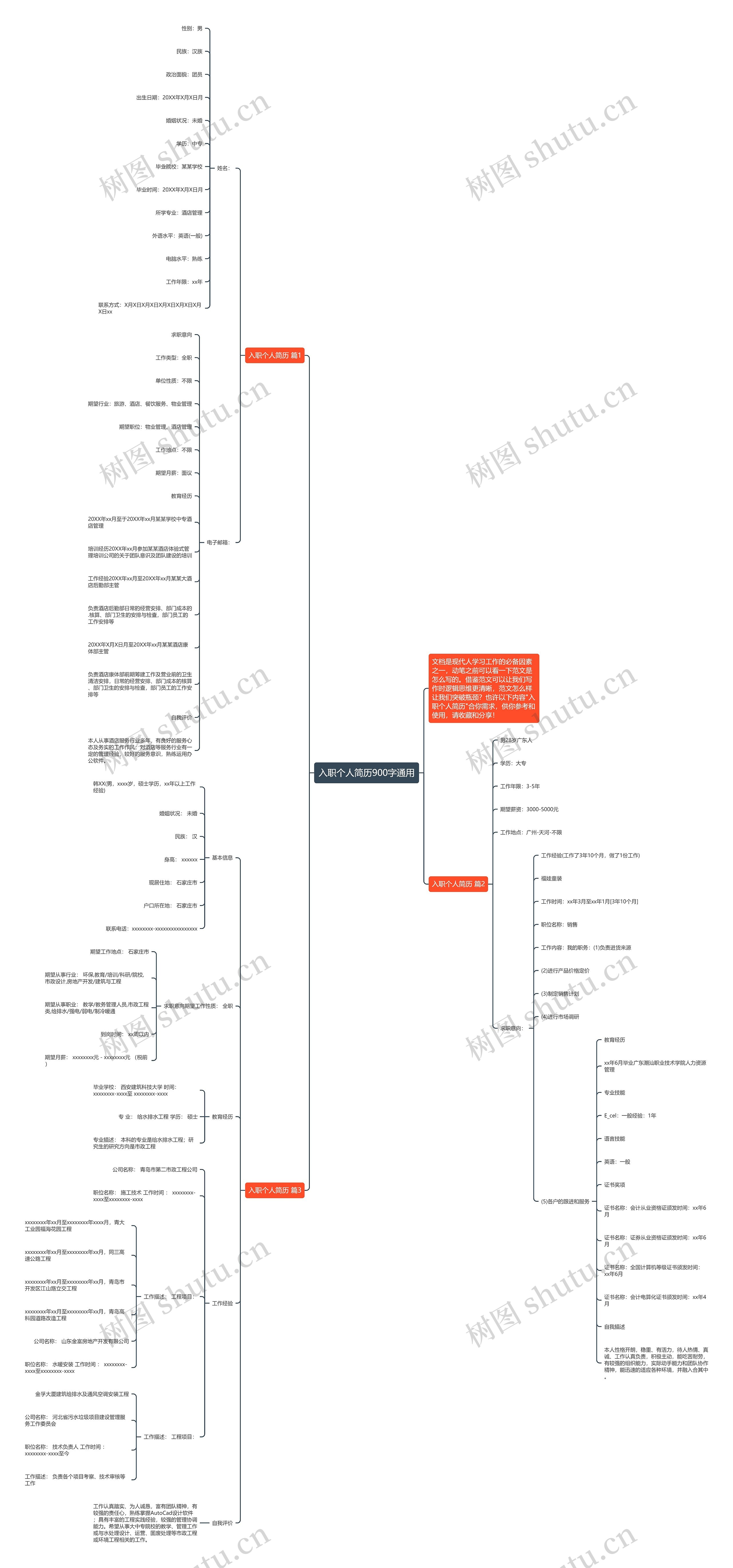 入职个人简历900字通用思维导图