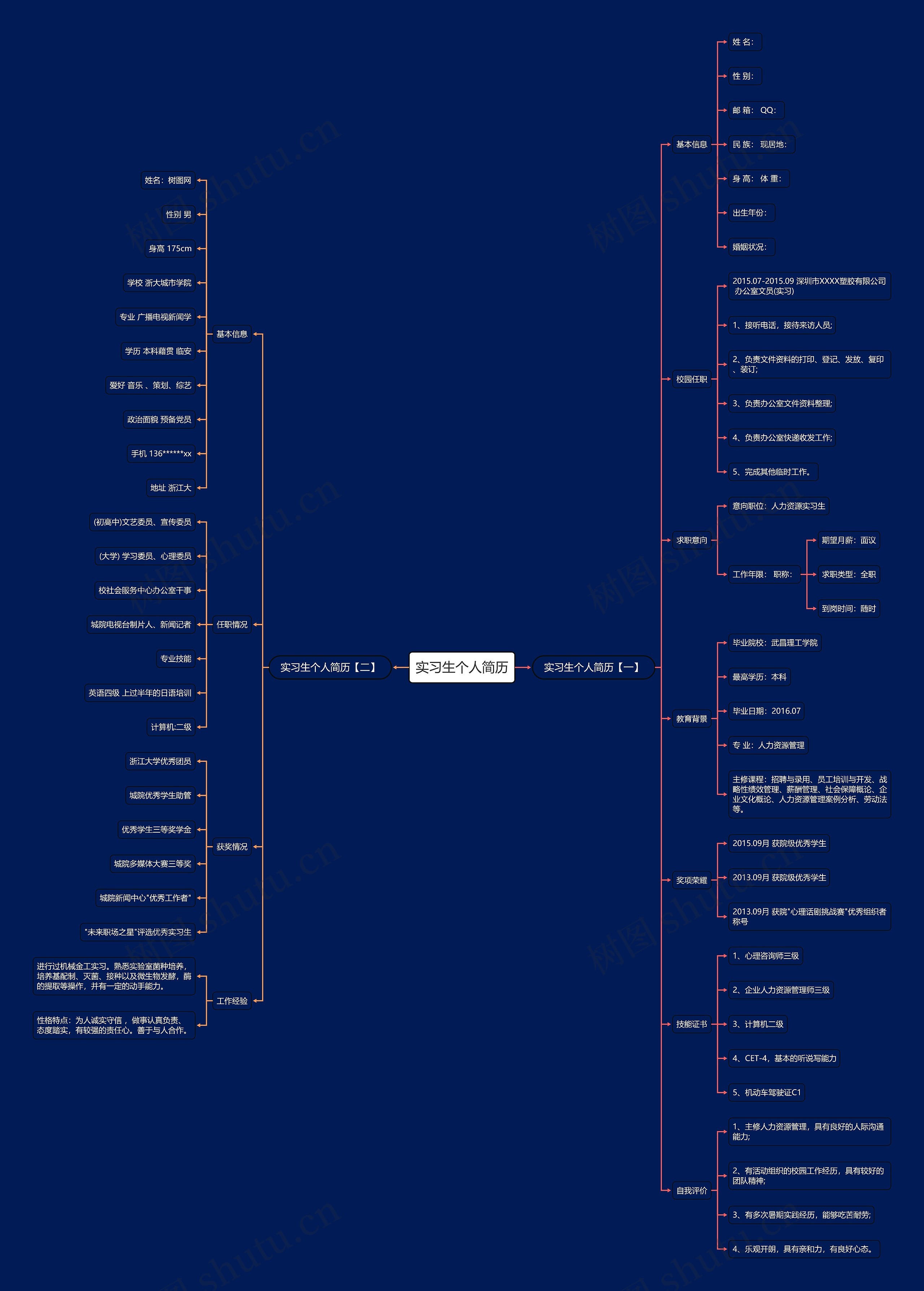 实习生个人简历思维导图