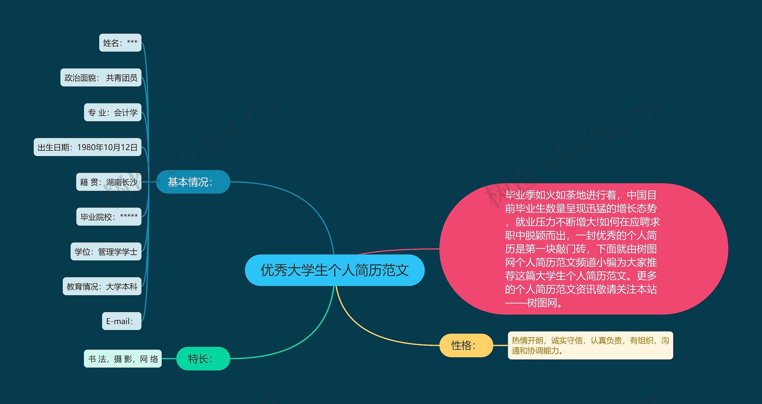 优秀大学生个人简历范文思维导图