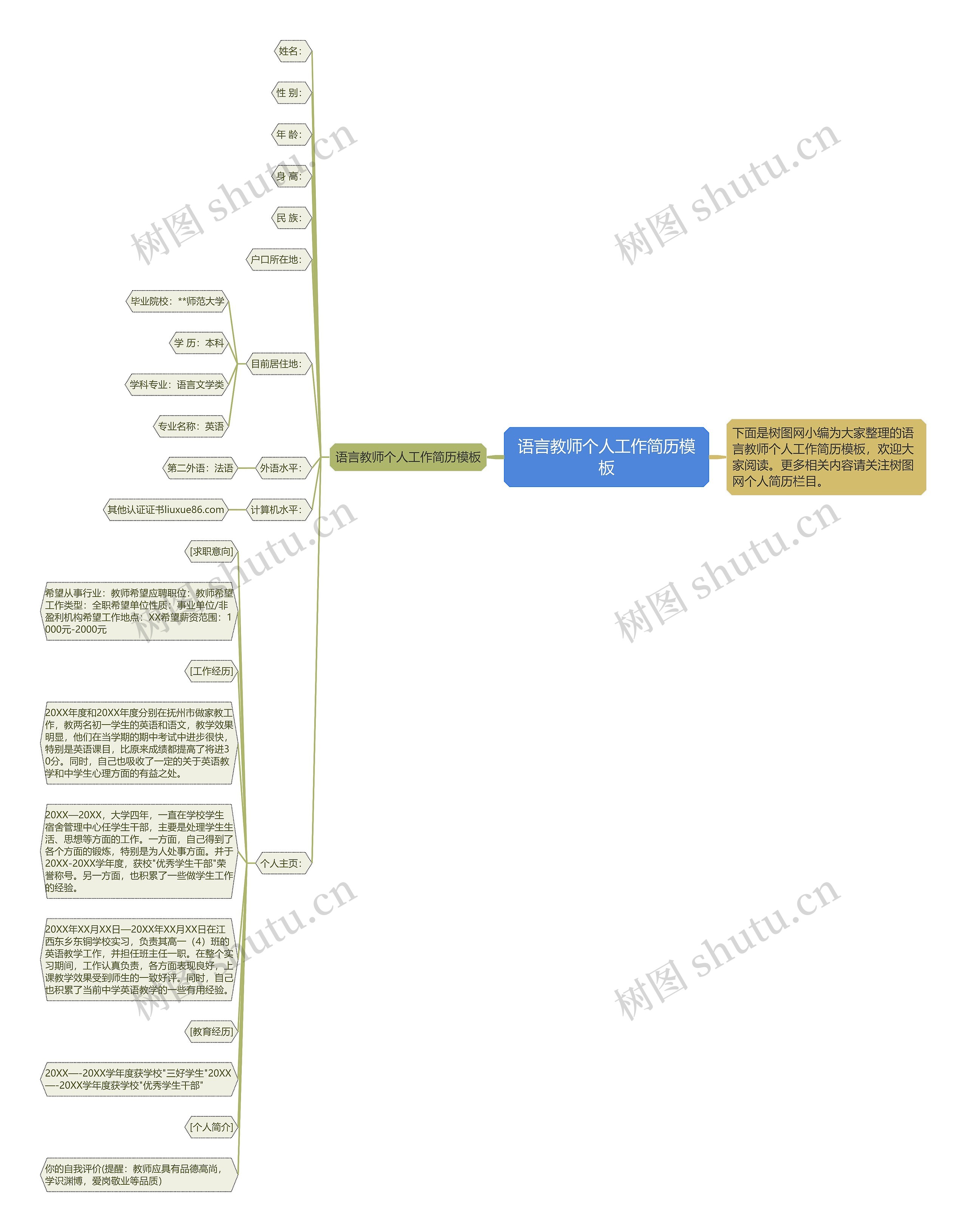 语言教师个人工作简历思维导图