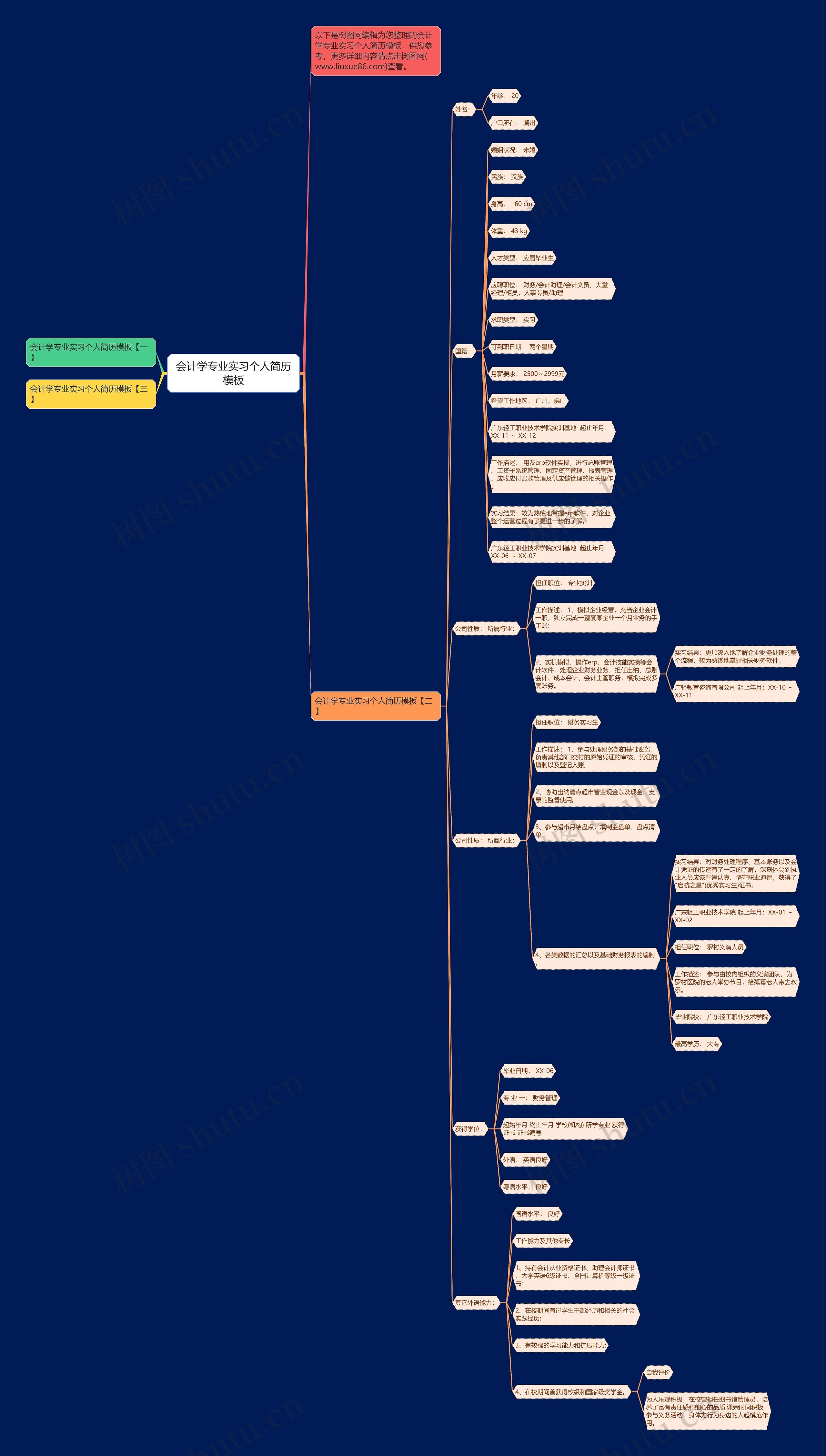会计学专业实习个人简历思维导图