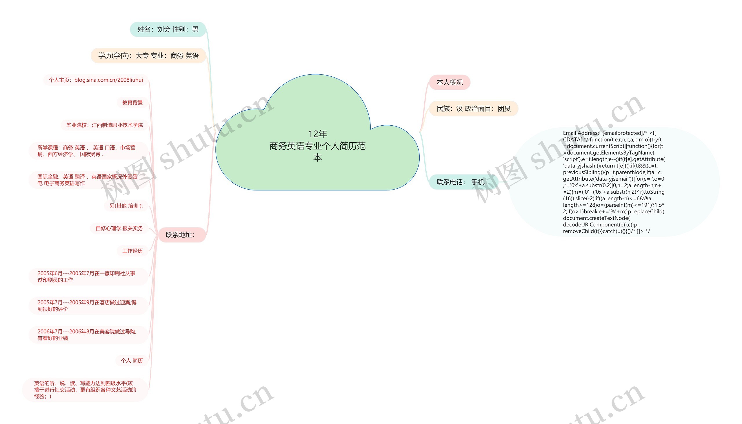 12年
商务英语专业个人简历范本思维导图