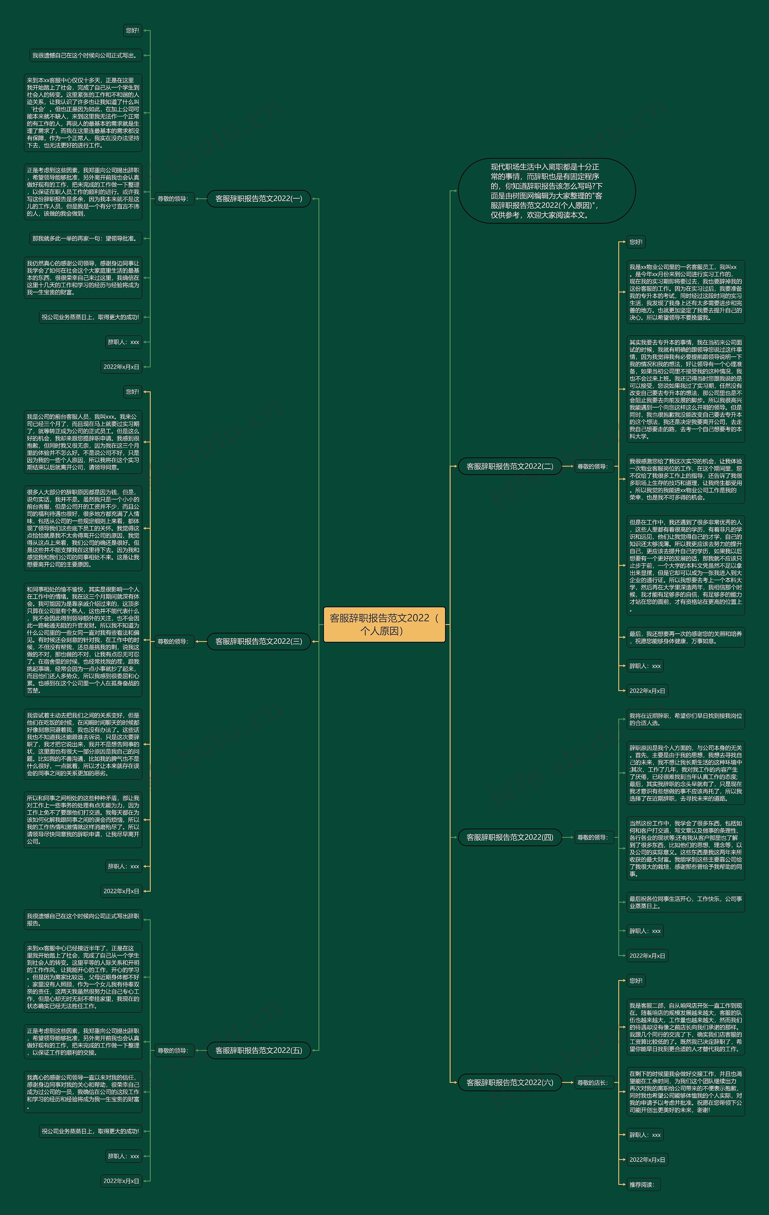 客服辞职报告范文2022（个人原因）思维导图