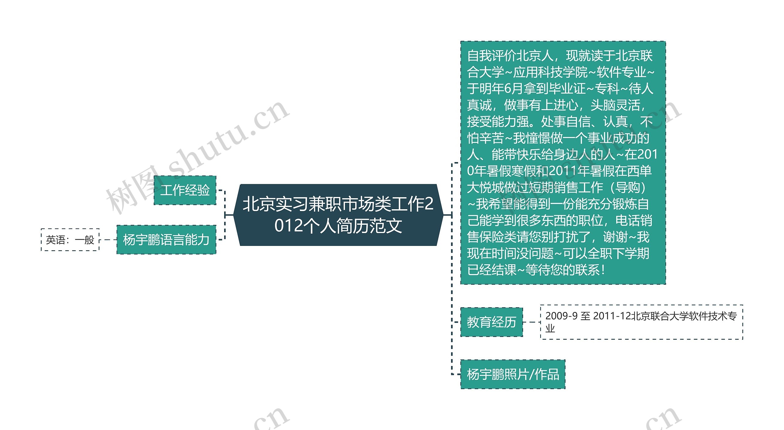 北京实习兼职市场类工作2012个人简历范文思维导图