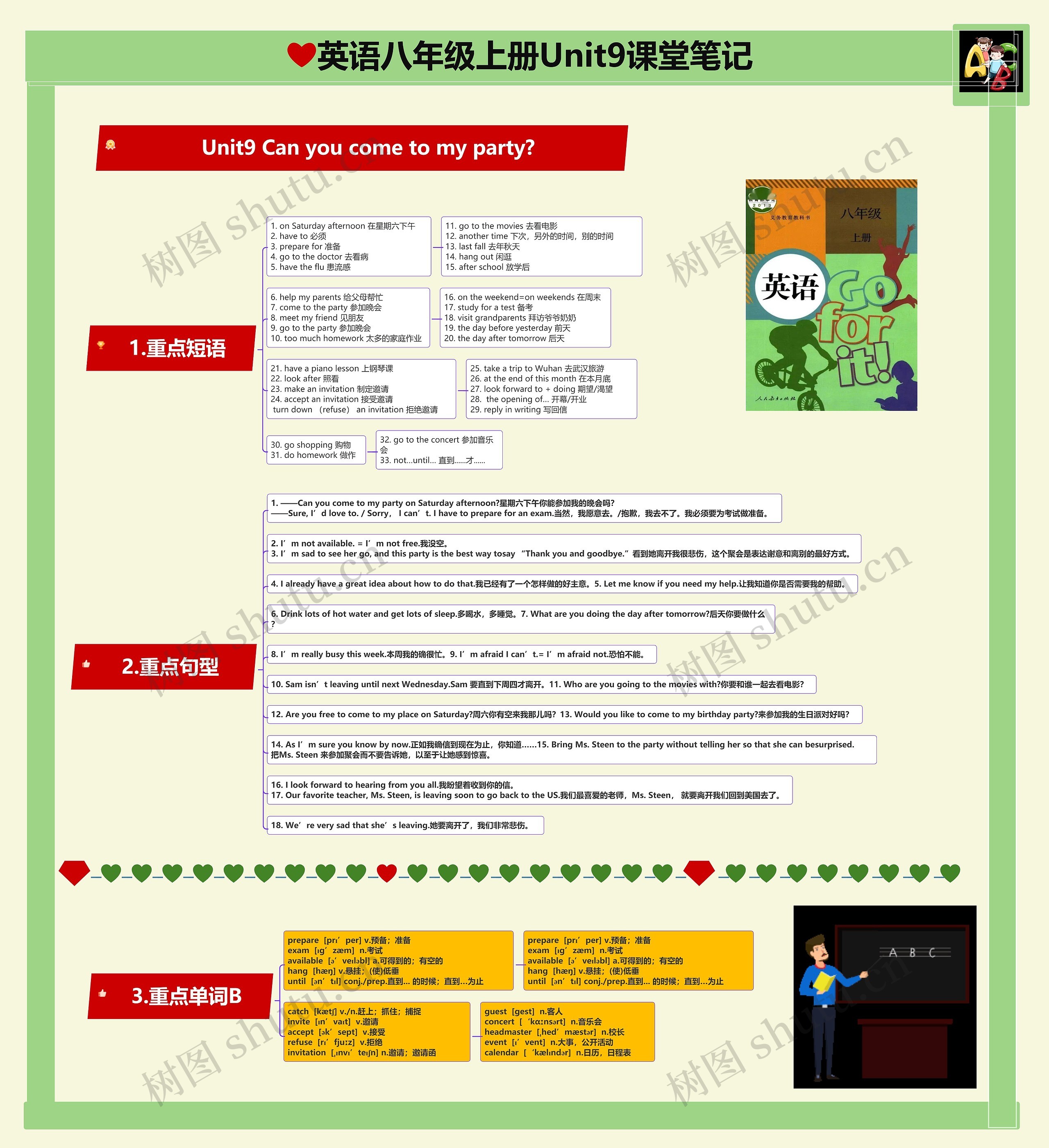 英语八年级上册Unit9 Can you come to my party?堂笔记