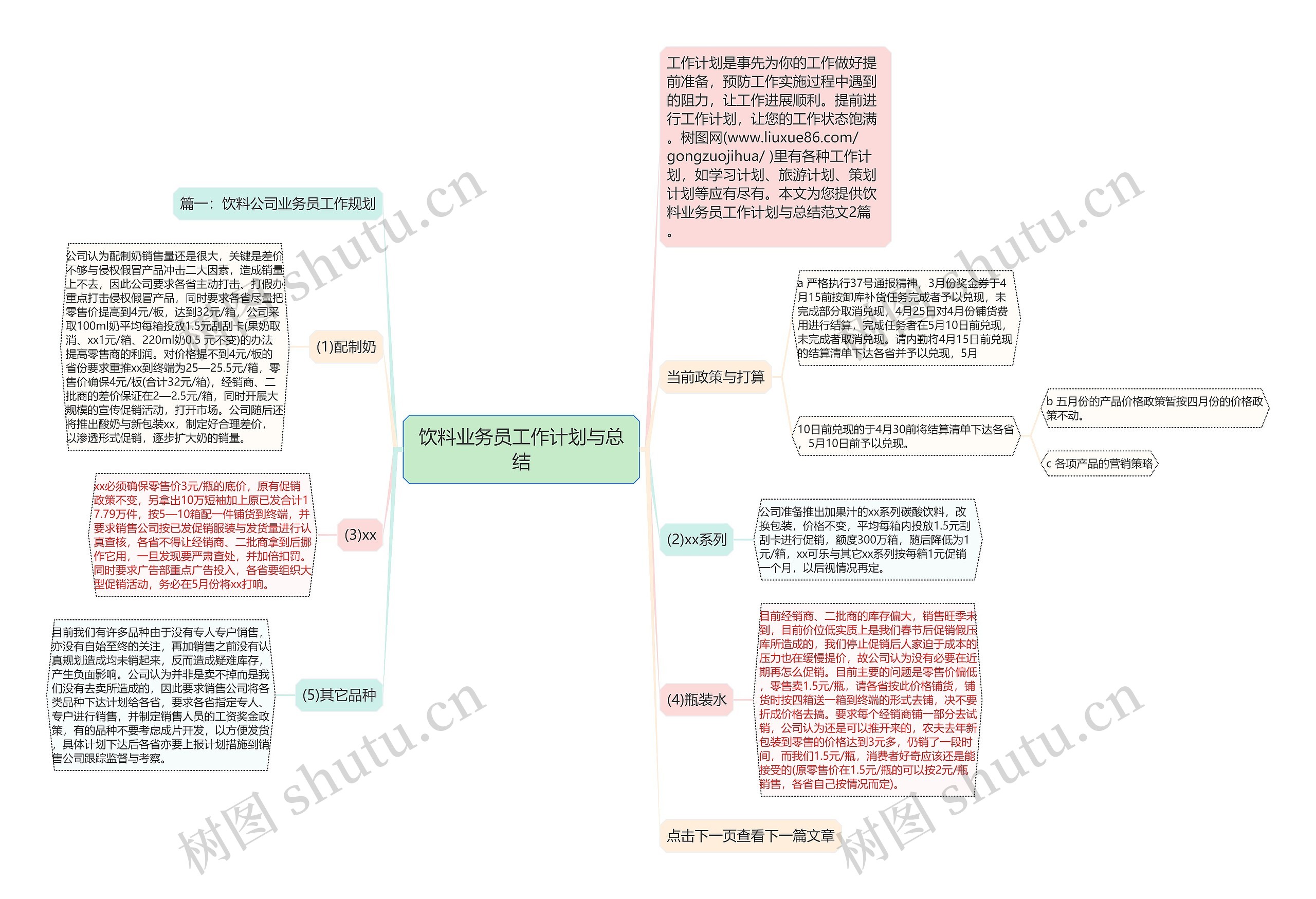 饮料业务员工作计划与总结思维导图