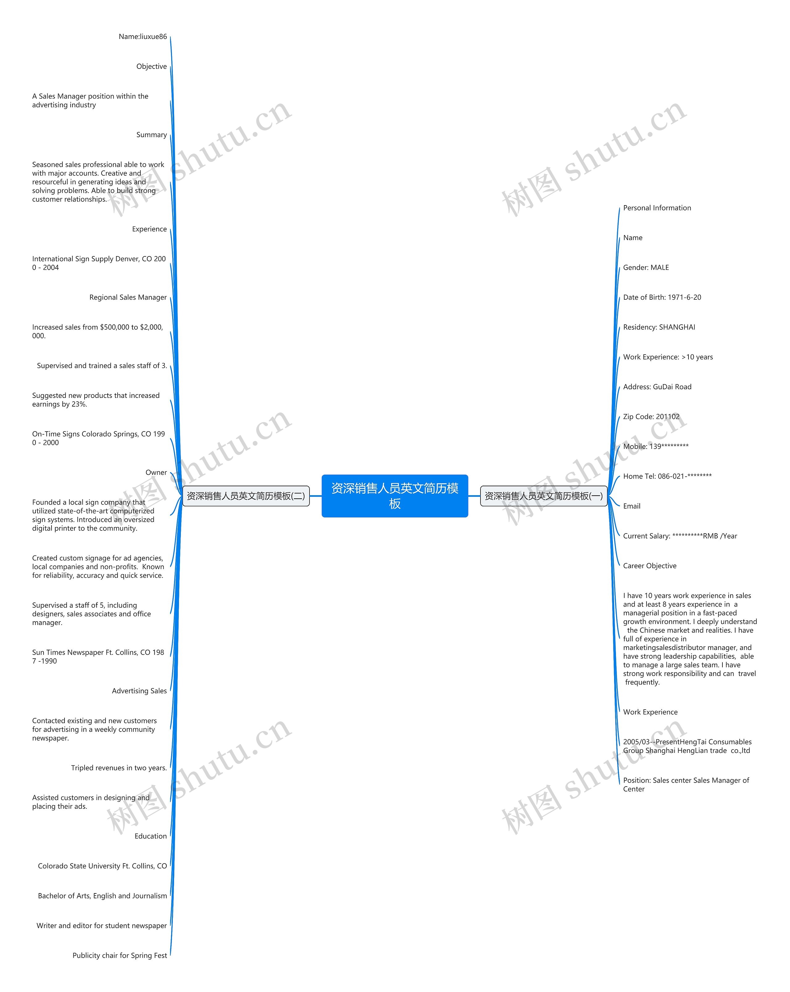 资深销售人员英文简历思维导图