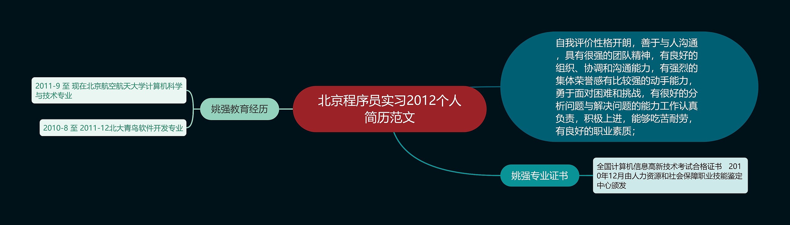 北京程序员实习2012个人简历范文思维导图