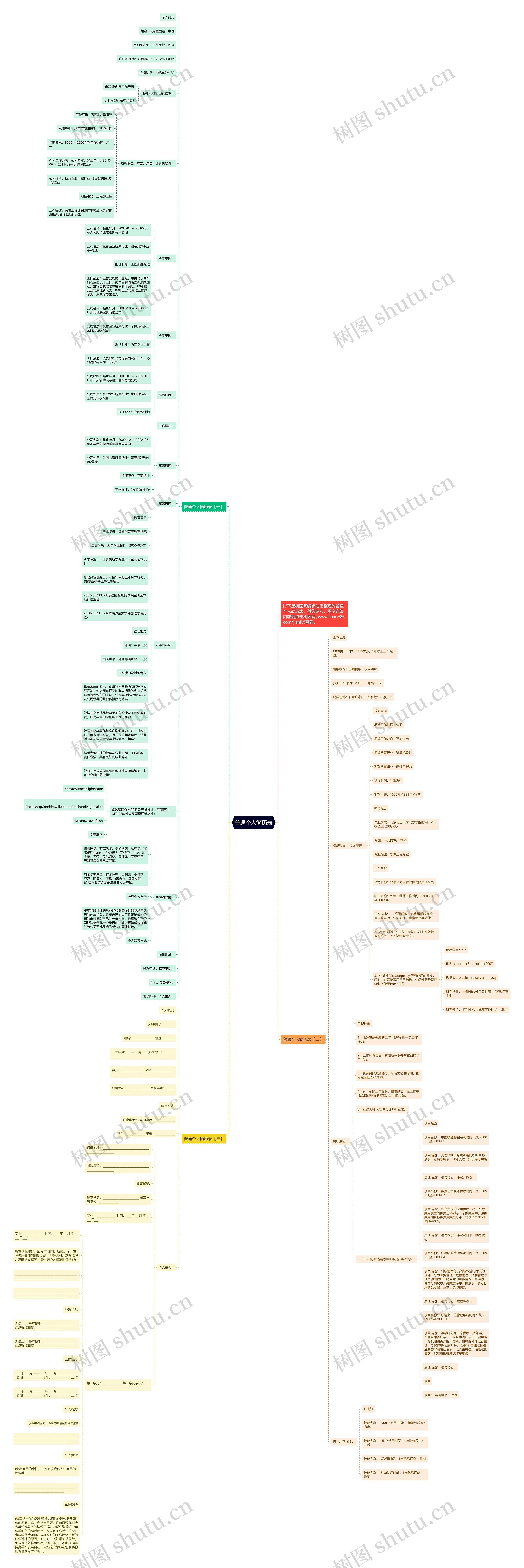 普通个人简历表思维导图高清图 普通个人简历表思维导图