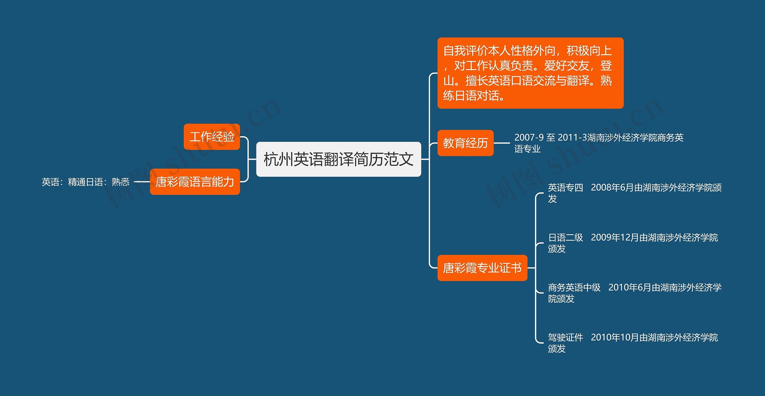 杭州英语翻译简历范文思维导图