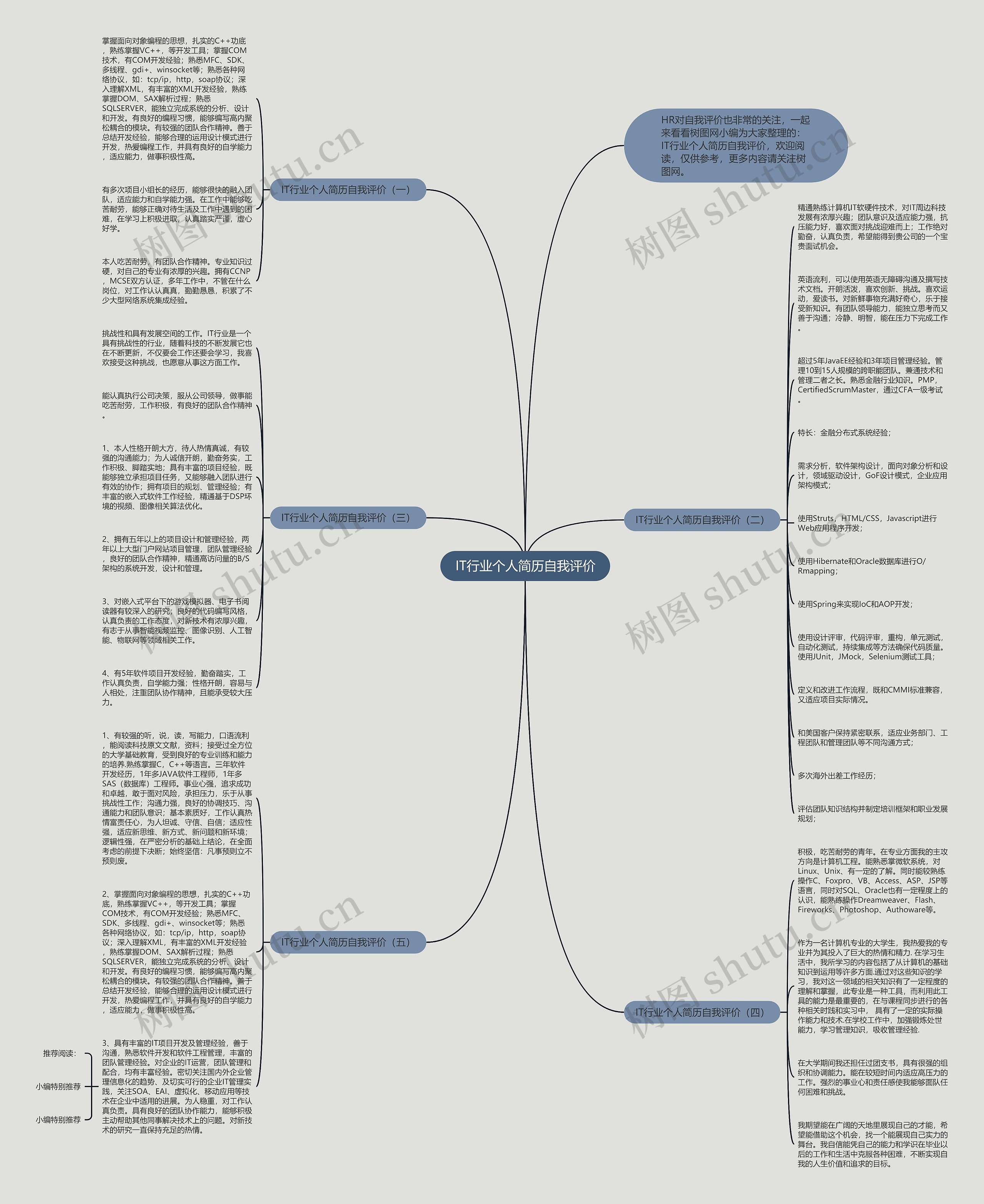 IT行业个人简历自我评价思维导图