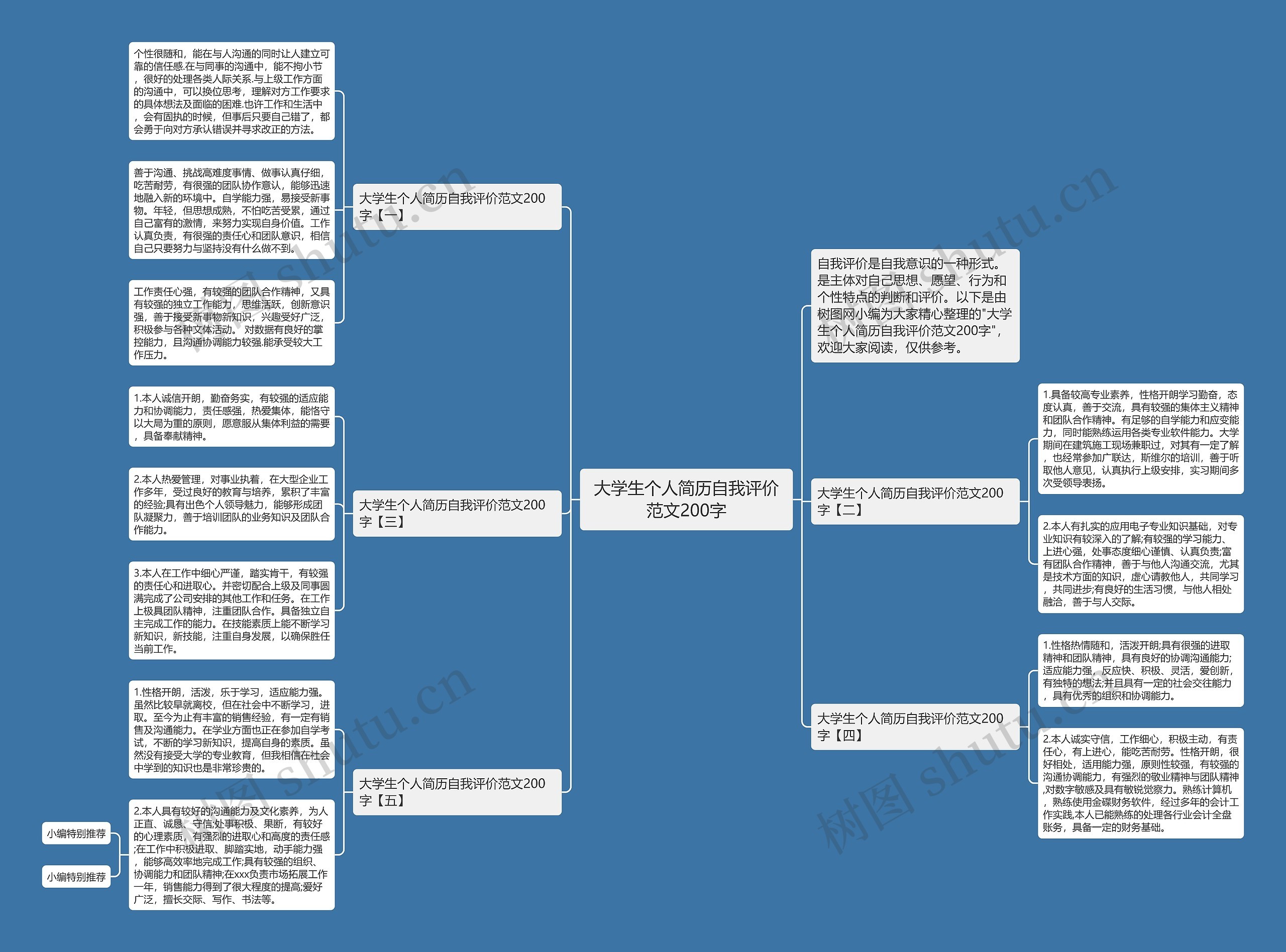 大学生个人简历自我评价范文200字思维导图