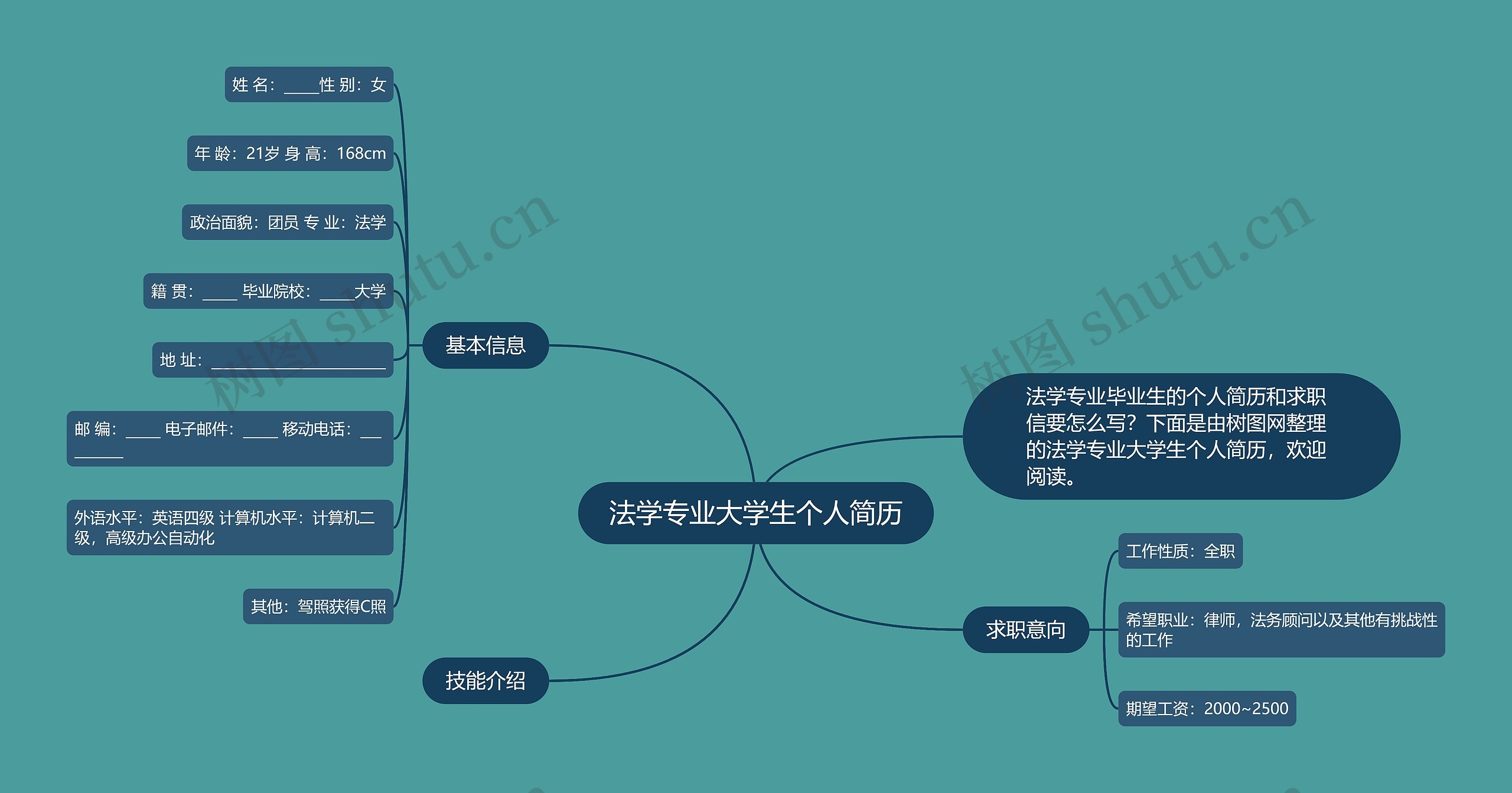 法学专业大学生个人简历思维导图