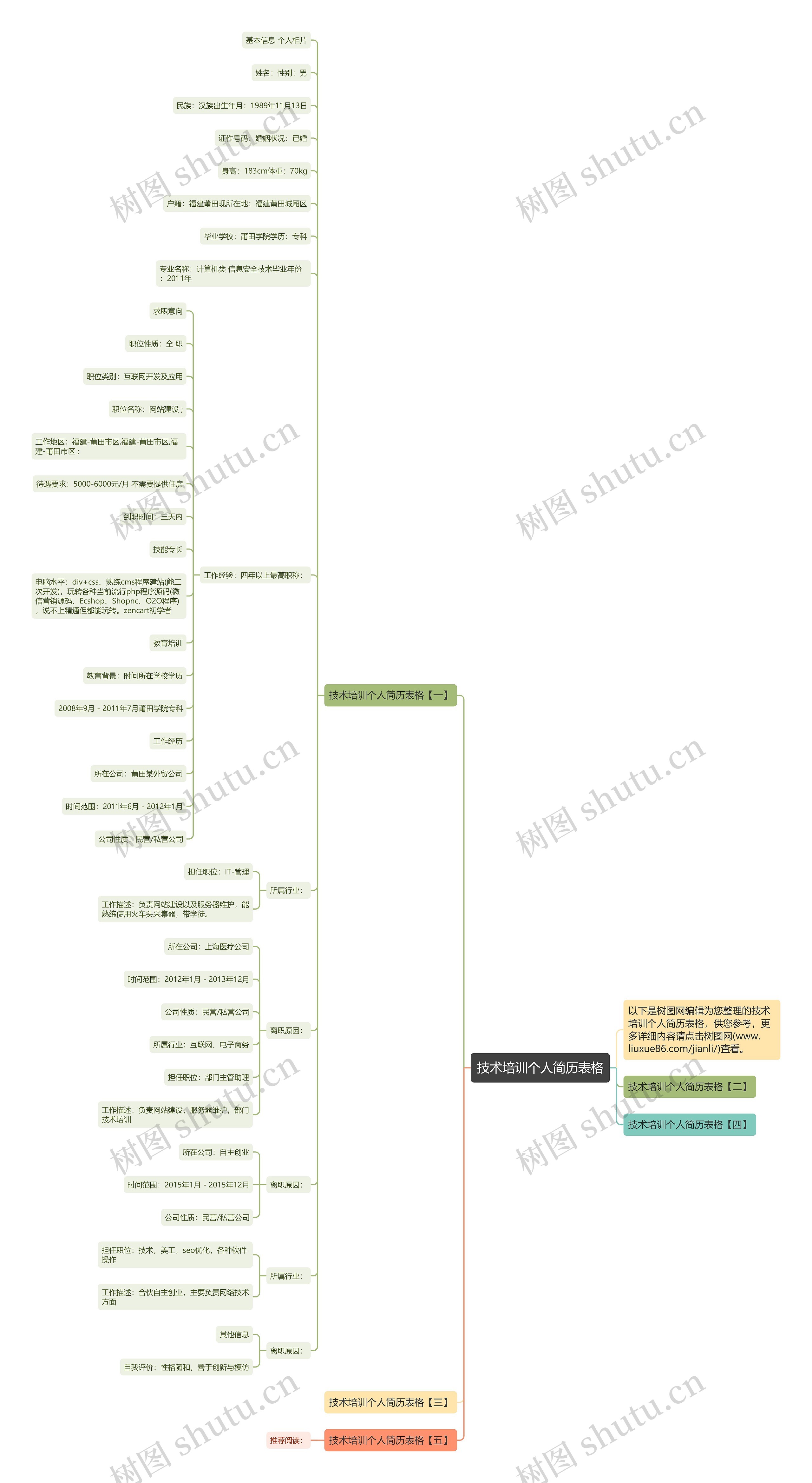 技术培训个人简历表格思维导图高清图 技术培训个人简历表格思维导图