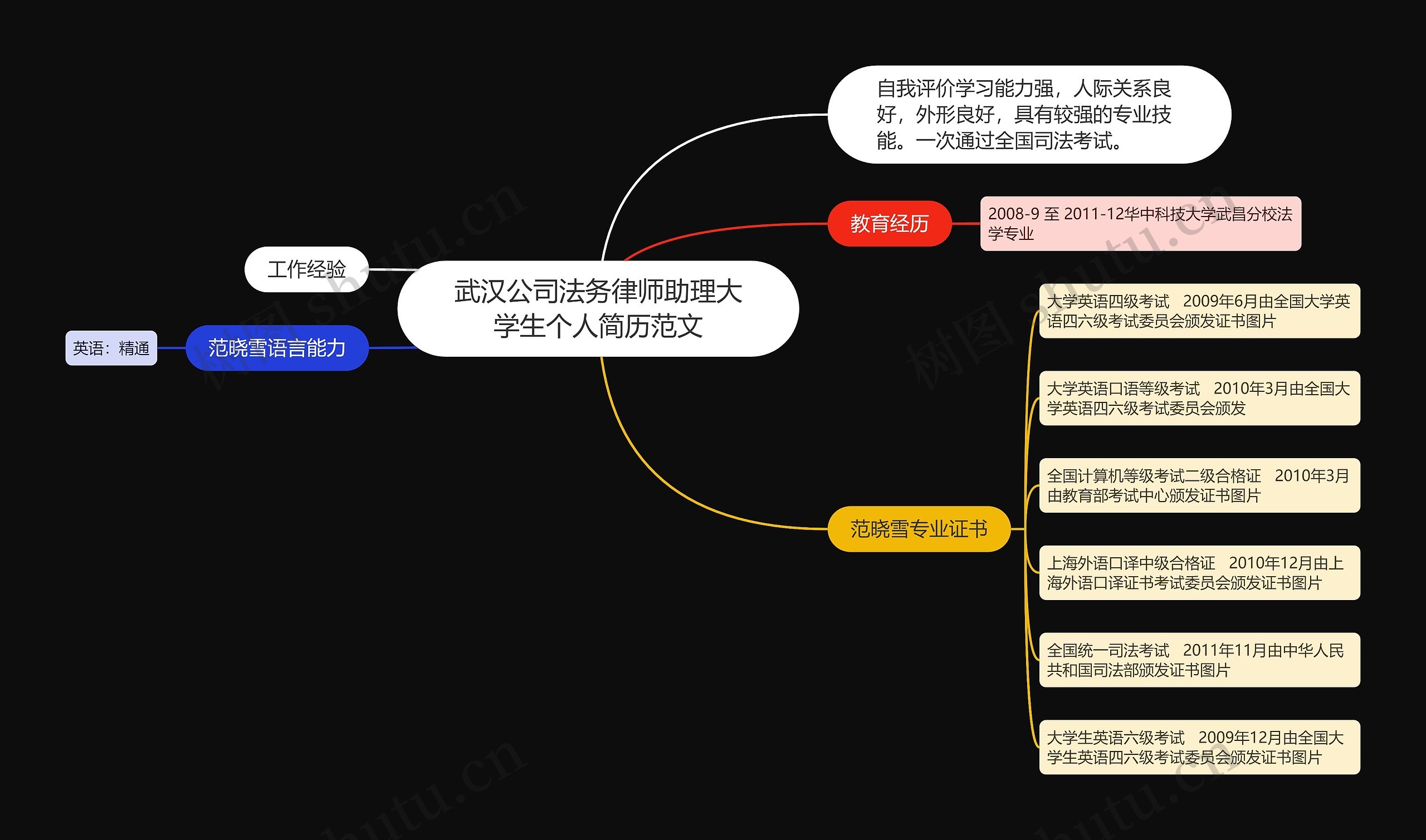 武汉公司法务律师助理大学生个人简历范文思维导图