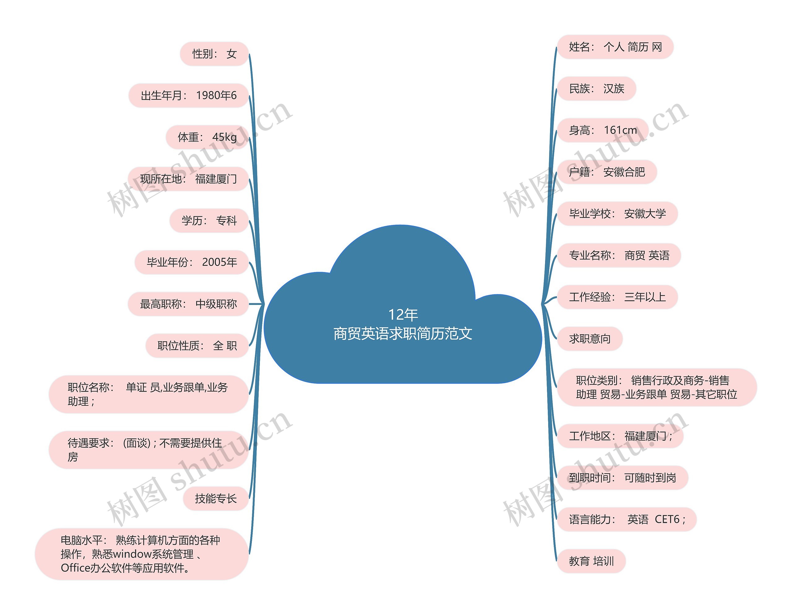 12年
商贸英语求职简历范文思维导图