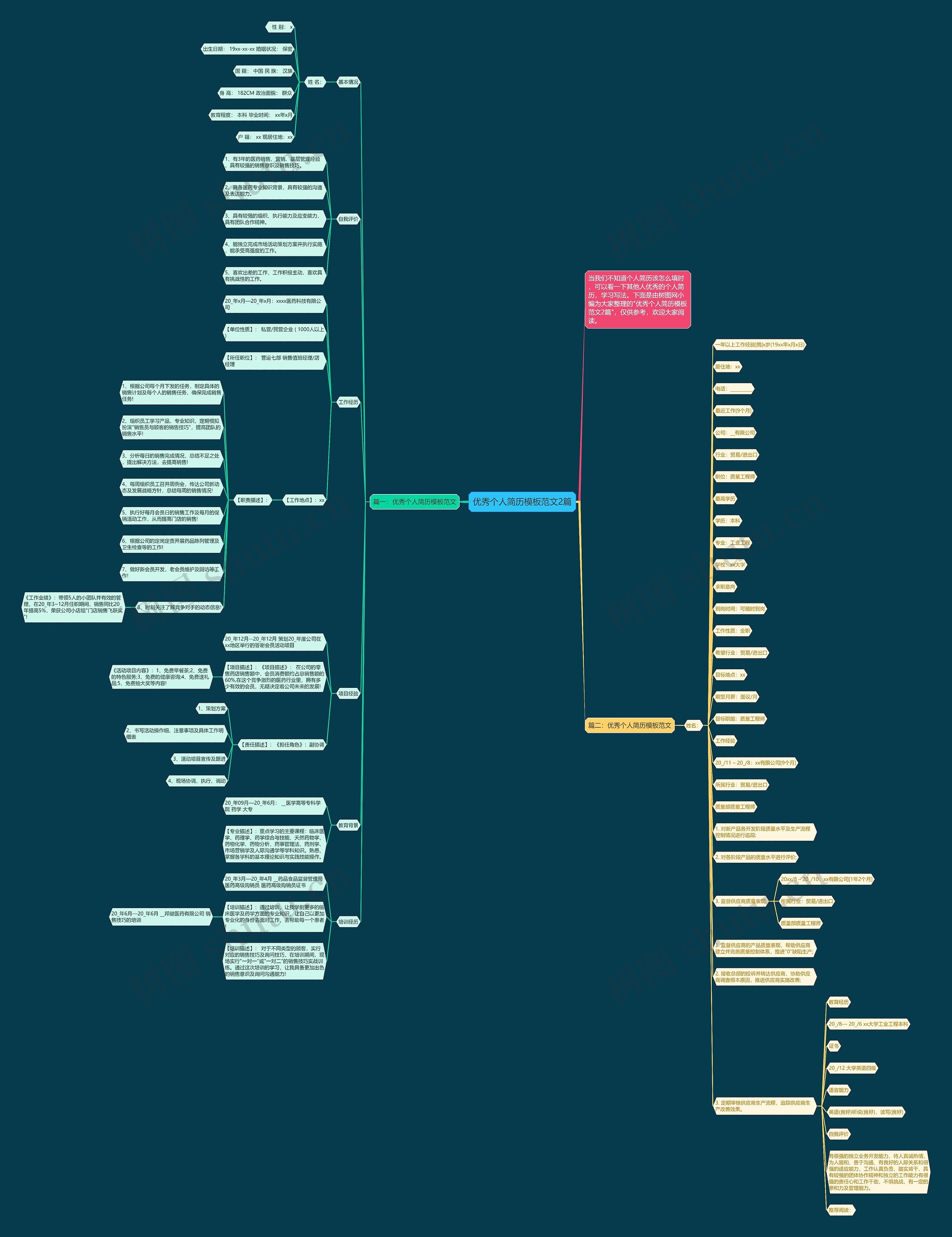 优秀个人简历范文2篇思维导图