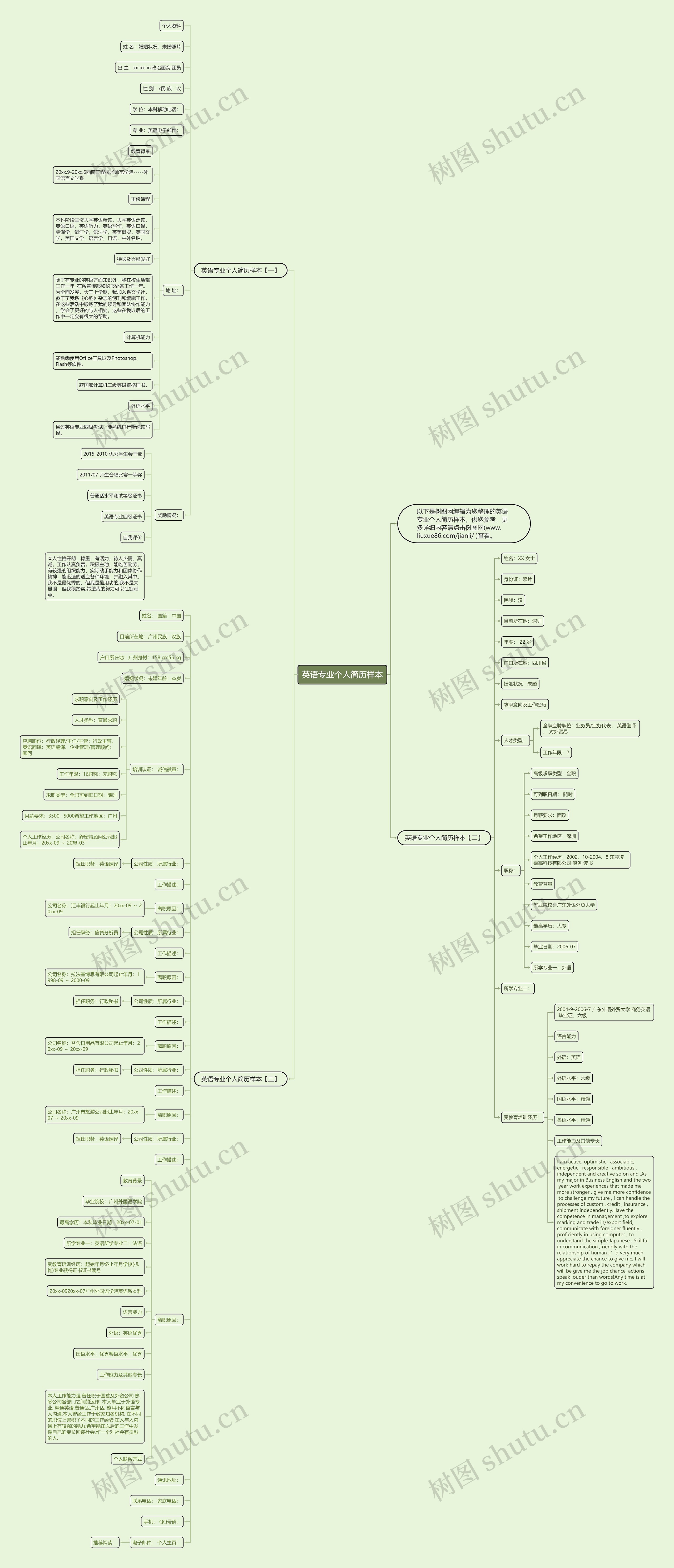英语专业个人简历样本思维导图