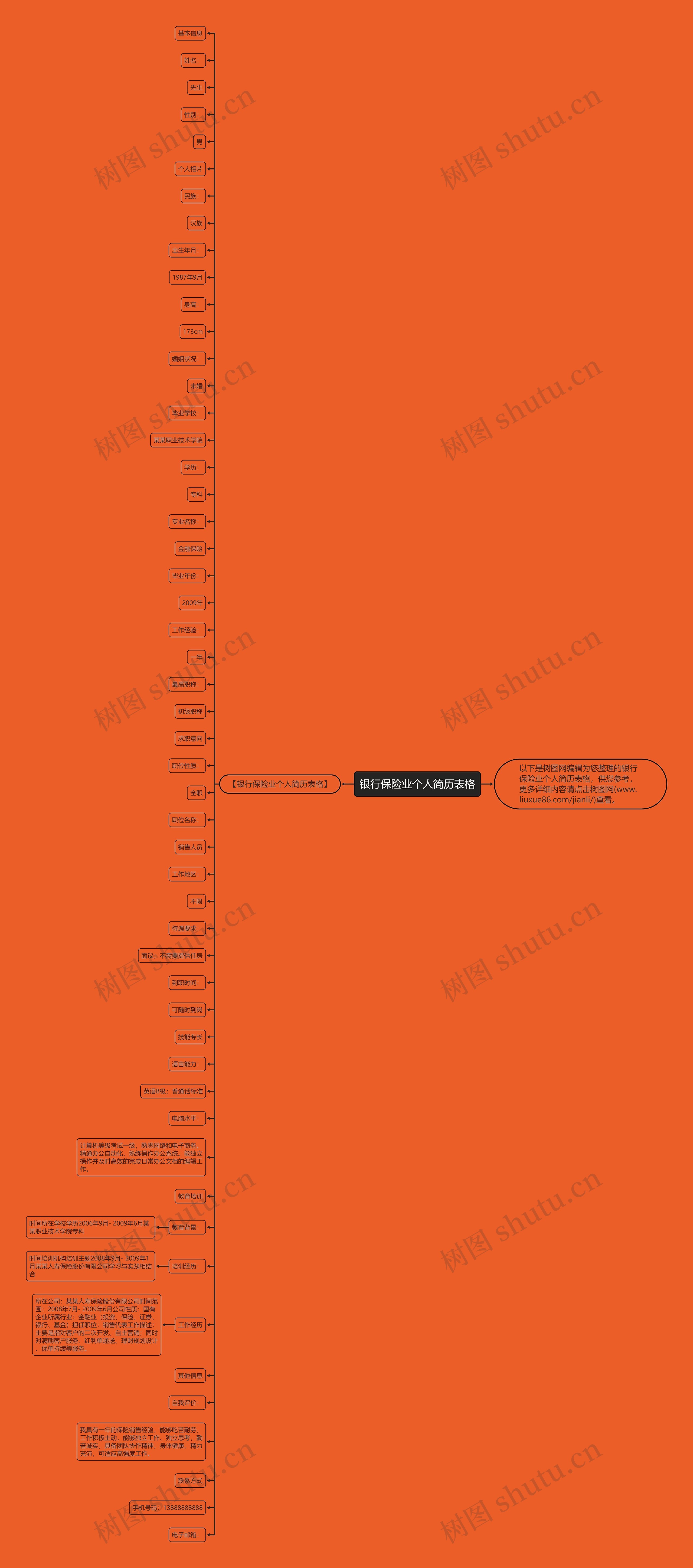 银行保险业个人简历表格思维导图高清图 银行保险业个人简历表格思维导图