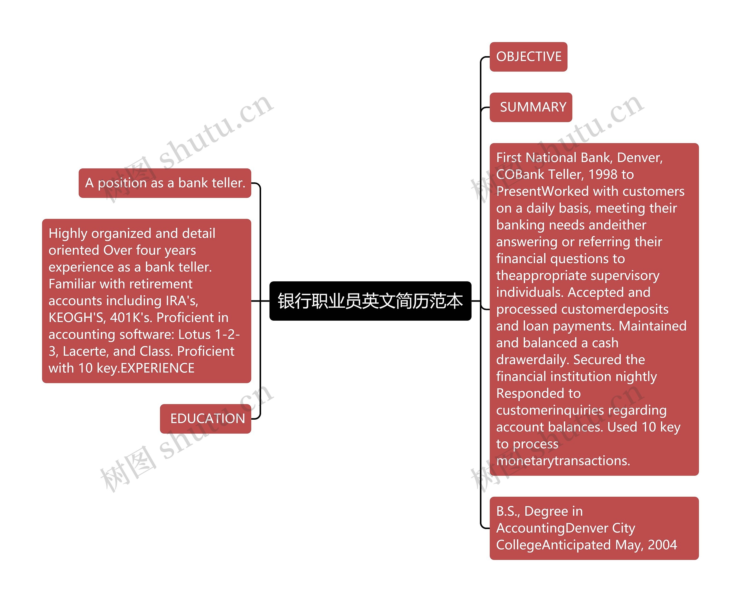 银行职业员英文简历范本思维导图