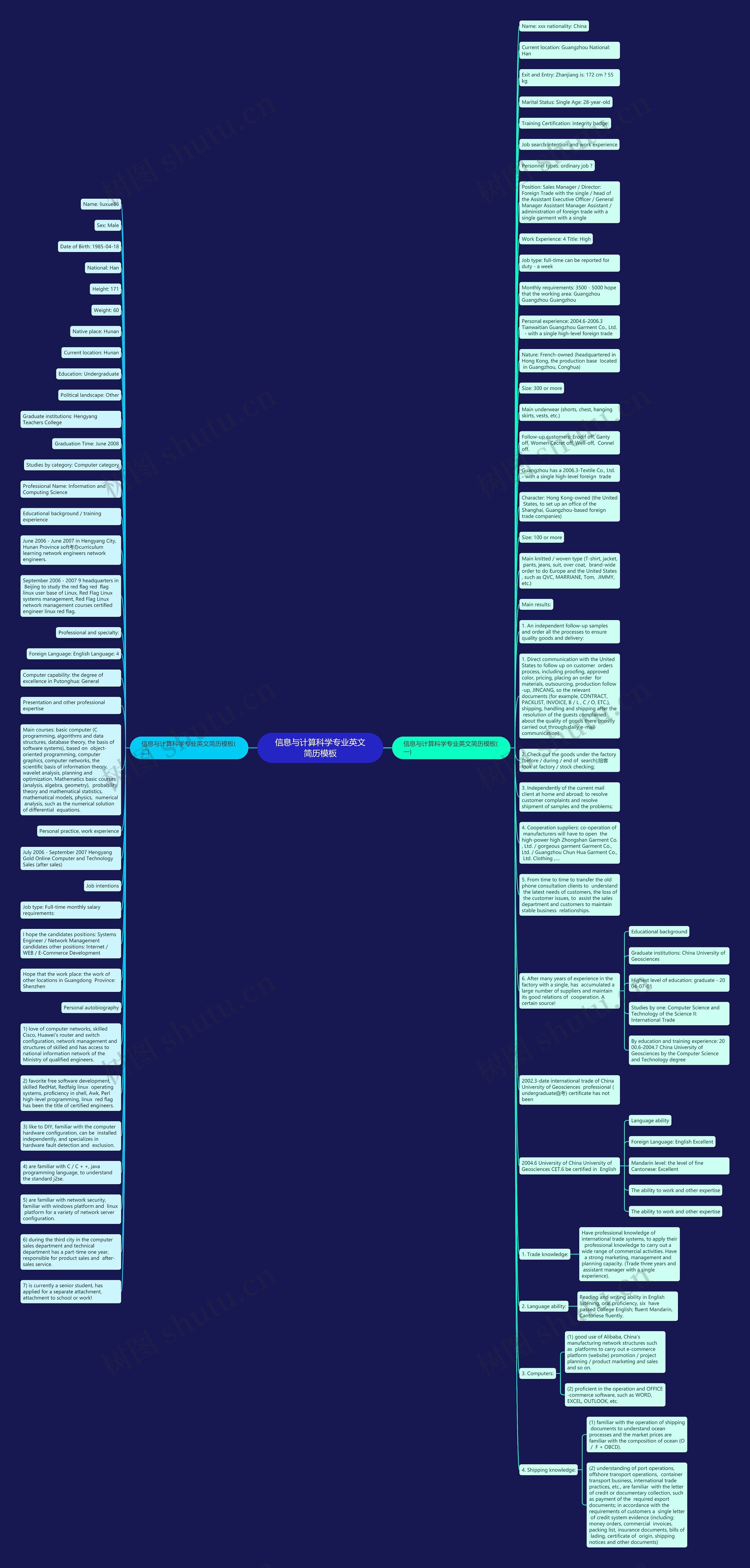 信息与计算科学专业英文简历思维导图高清图 信息与计算科学专业英文简历思维导图