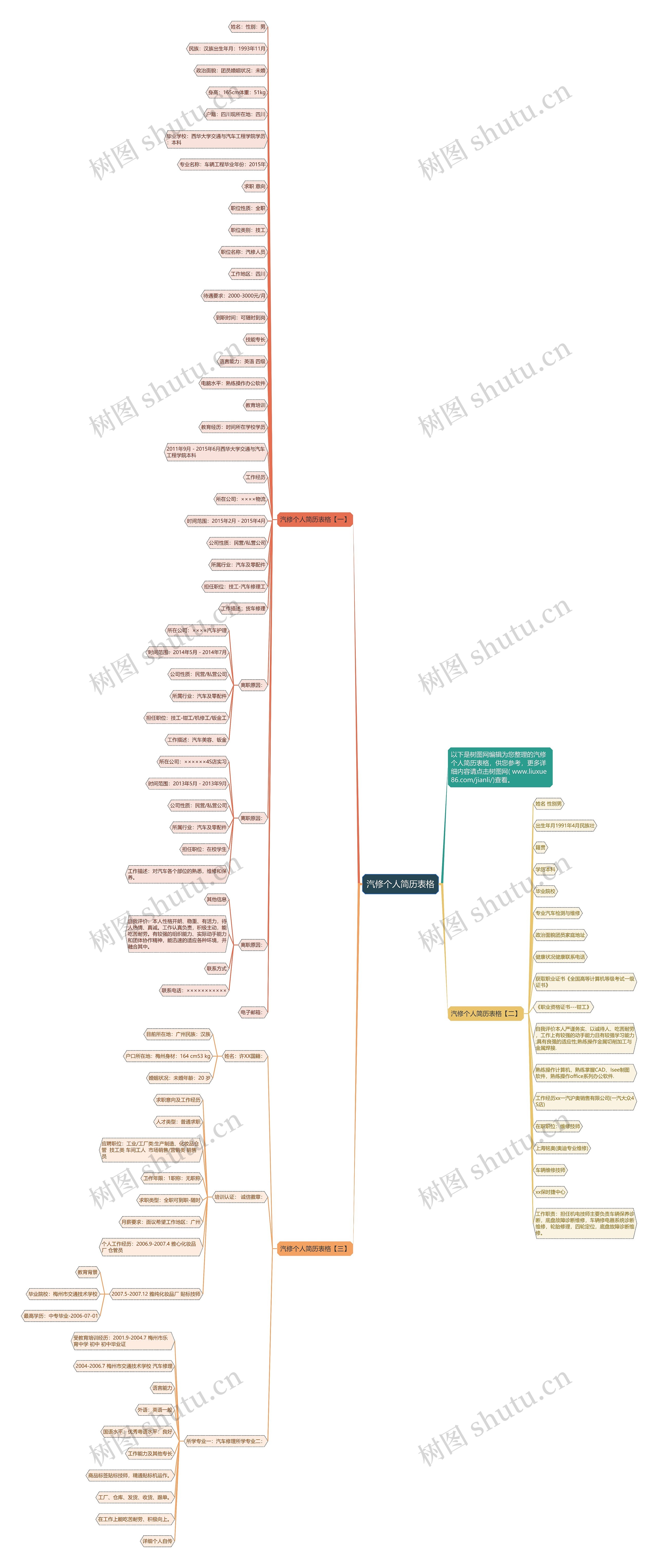汽修个人简历表格思维导图高清图 汽修个人简历表格思维导图